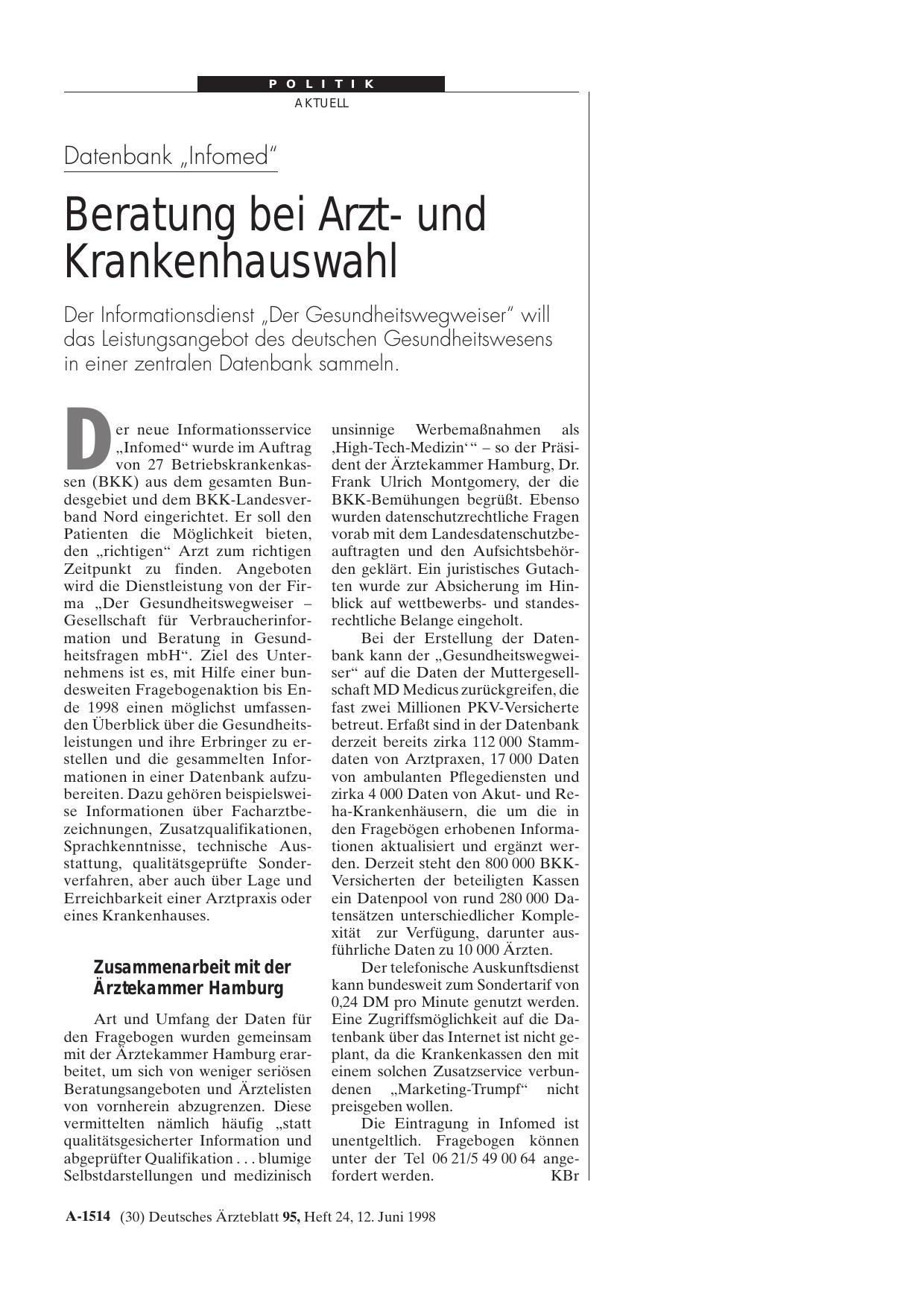 Vorschauseite 1: Datenbank „Infomed“: Beratung bei Arztund Krankenhauswahl