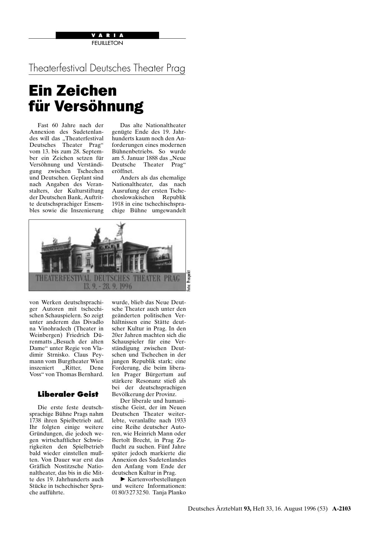 Vorschauseite 1: Theaterfestival Deutsches Theater Prag: Ein Zeichen für Versöhnung