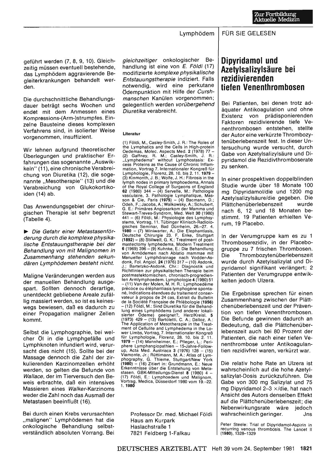 Vorschauseite 1: Dipyridamol und Azetylsalizylsäure bei rezidivierenden tiefen Venenthrombosen