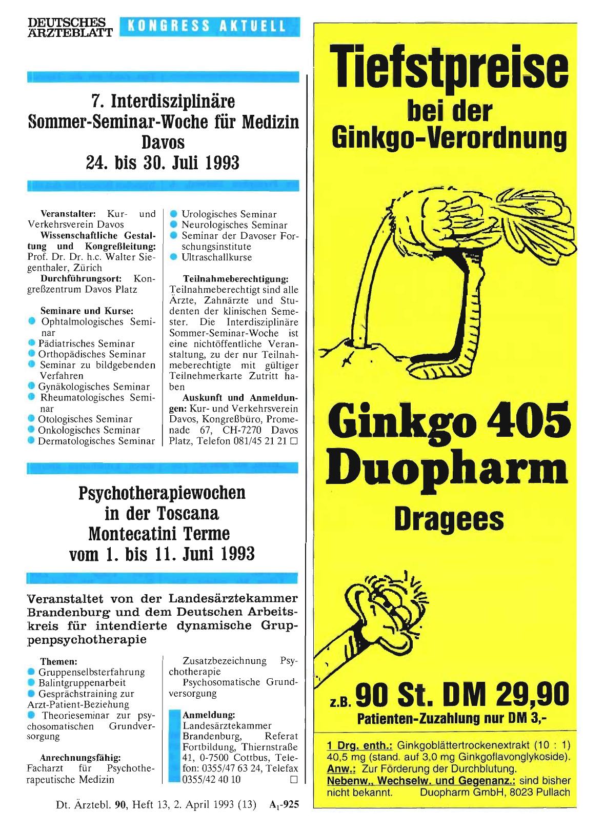 Vorschauseite 1: 7. Interdisziplinäre Sommer-Seminar-Woche für Medizin Davos 24. bis 30. Juli 1993