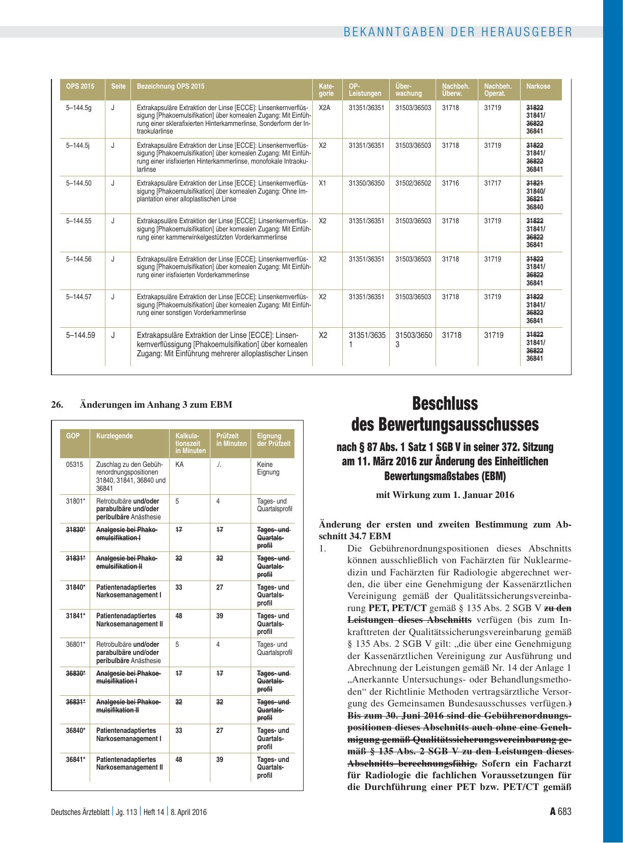 Vorschauseite 1: Beschluss des Bewertungsausschusses nach § 87 Abs. 1 Satz 1 SGB V in seiner 372. Sitzung am 11. März 2016 zur Änderung des Einheitlichen Bewertungsmaßstabes (EBM)