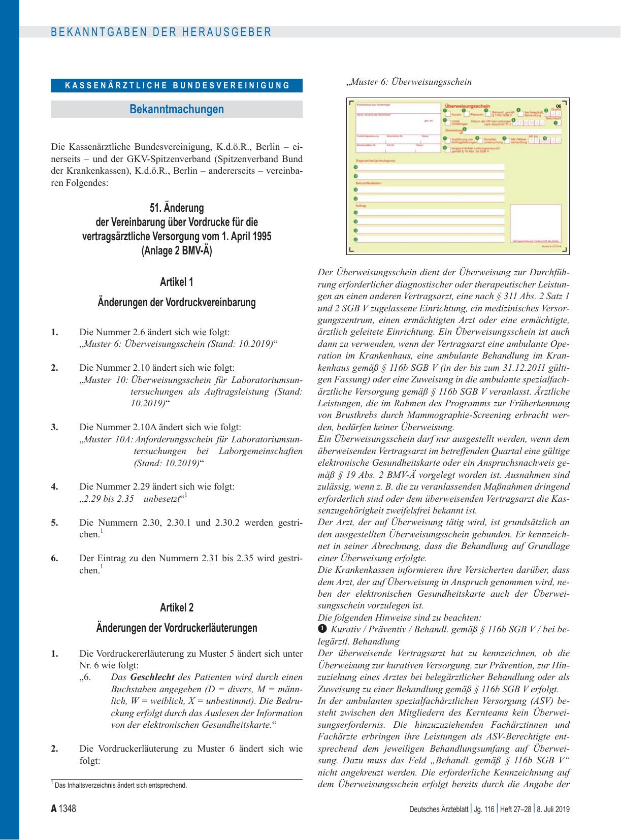 Vorschauseite 1: 51. Änderung der Vereinbarung über Vordrucke für die vertragsärztliche Versorgung vom 1. April 1995 (Anlage 2 BMV-Ä)