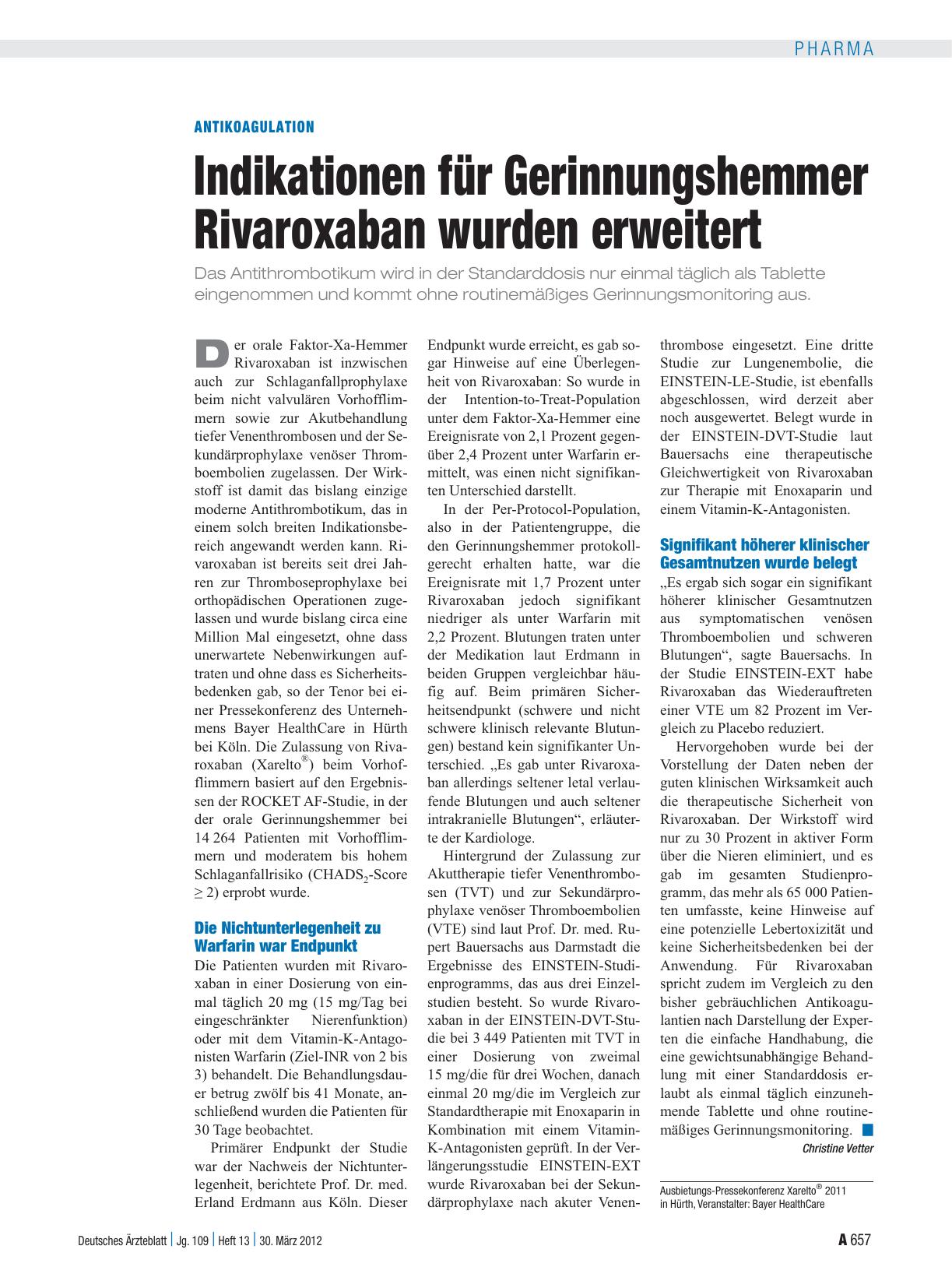 Vorschauseite 1: Antikoagulation: Indikationen für Gerinnungshemmer Rivaroxaban wurden erweitert
