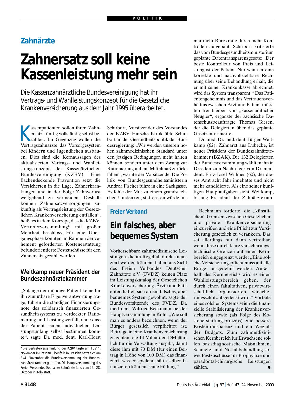 Vorschauseite 1: Zahnärzte: Zahnersatz soll keine Kassenleistung mehr sein