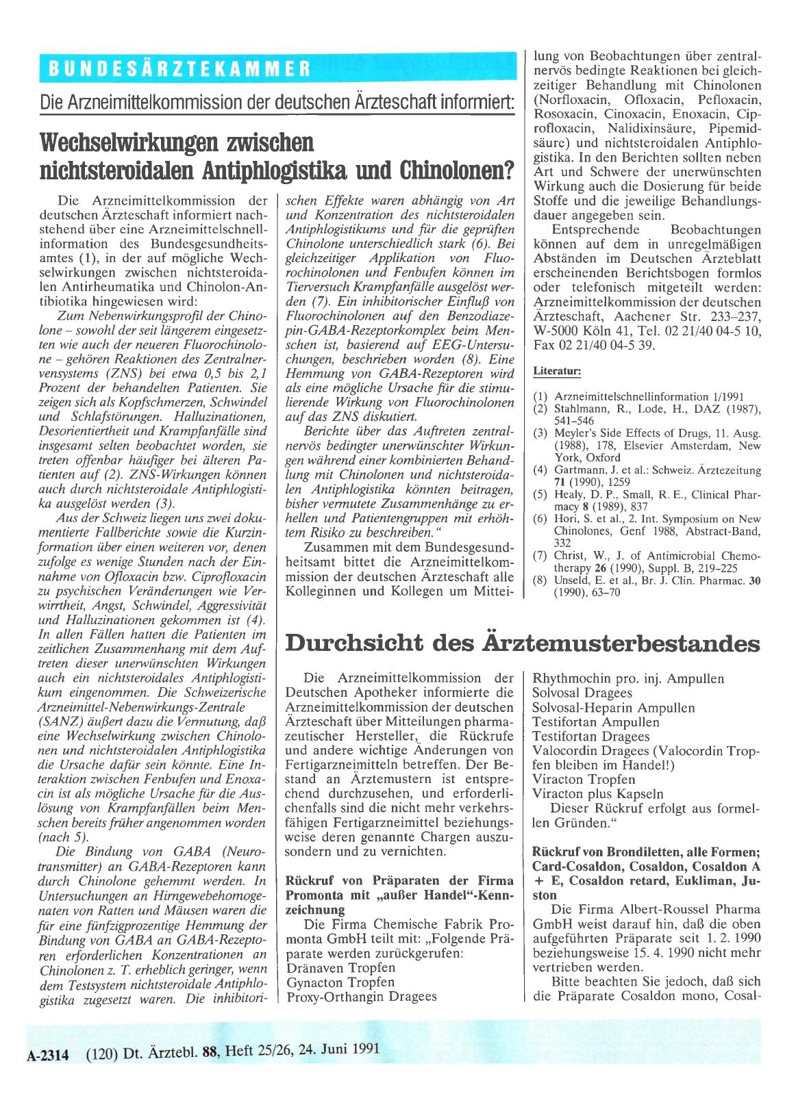 Vorschauseite 1: Die Arzneimittelkommission der deutschen Ärzteschaft informiert: Wechselwirkungen zwischen nichtsteroidalen Antiphlogistika und Chinolonen?