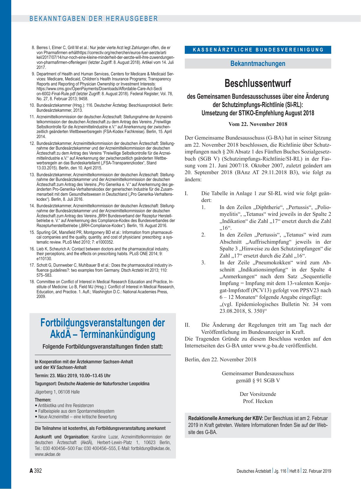 Vorschauseite 1: Beschlussentwurf des Gemeinsamen Bundesausschusses über eine Änderung der Schutzimpfungs-Richtlinie (SI-RL): Umsetzung der STIKO-Empfehlung August 2018