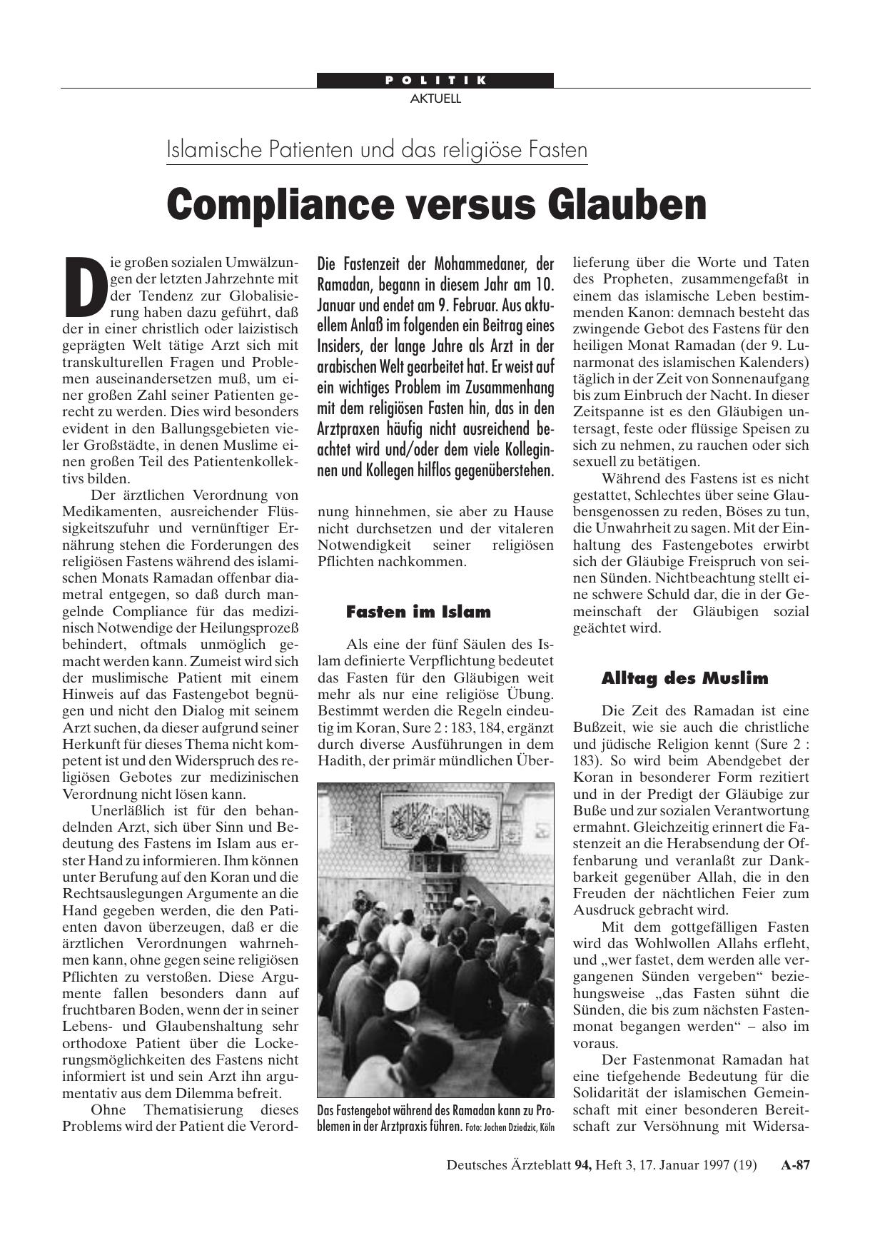 Vorschauseite 1: Islamische Patienten und das religiöse Fasten: Compliance versus Glauben