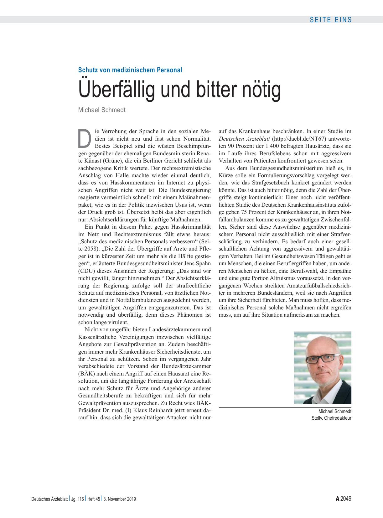 Vorschauseite 1: Schutz von medizinischem Personal: Überfällig und bitter nötig
