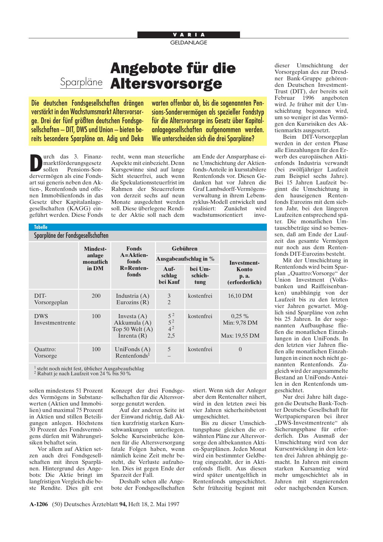 Vorschauseite 1: Sparpläne: Angebote für die Altersvorsorge