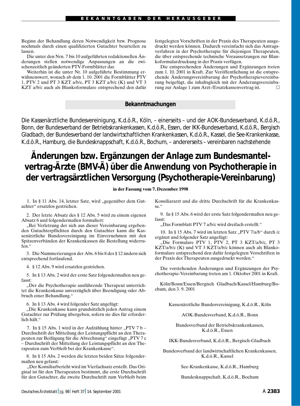 Vorschauseite 1: Bekanntmachungen: Änderungen bzw. Ergänzungen der Anlage zum Bundesmantelvertrag-Ärzte (BMV-Ä) über die Anwendung von Psychotherapie in der vertragsärztlichen Versorgung (Psychoth…
