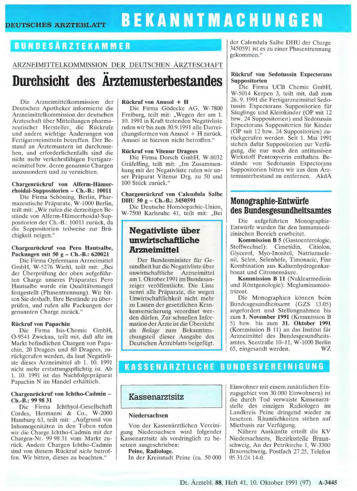 Vorschauseite 1: Monographie-Entwürfe des Bundesgesundheitsamtes