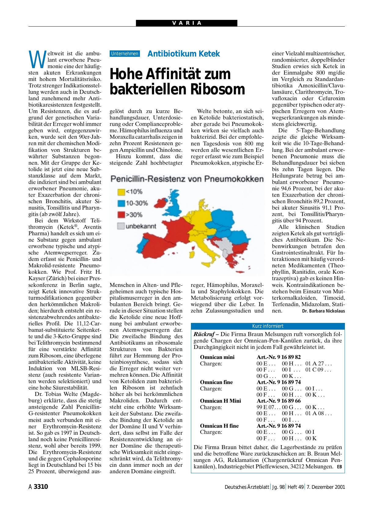 Vorschauseite 1: Antibiotikum Ketek: Hohe Affinität zum bakteriellen Ribosom