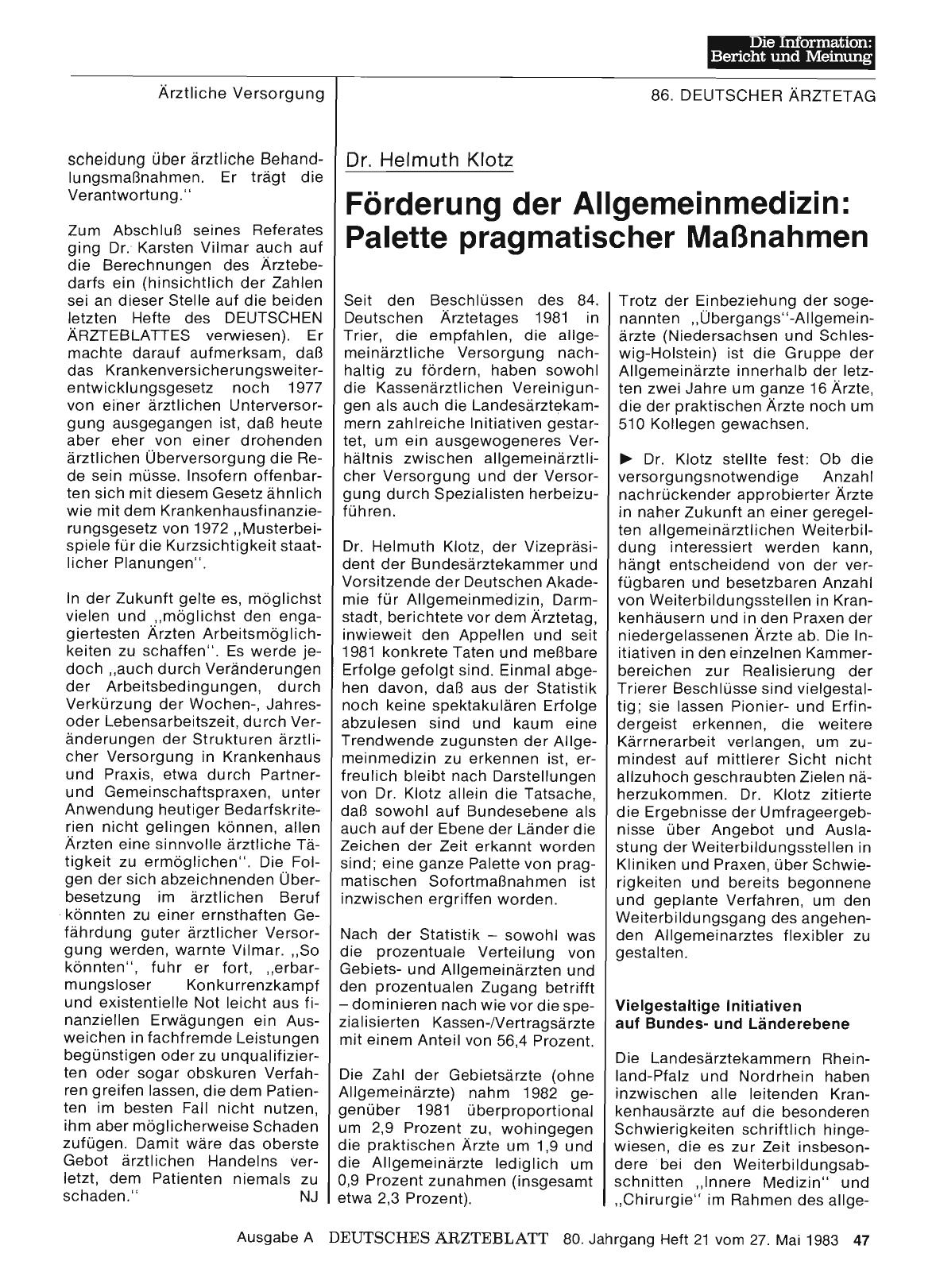 Vorschauseite 1: Dr. Helmuth Klotz: Förderung der Allgemeinmedizin: Palette pragmatischer Maßnahmen