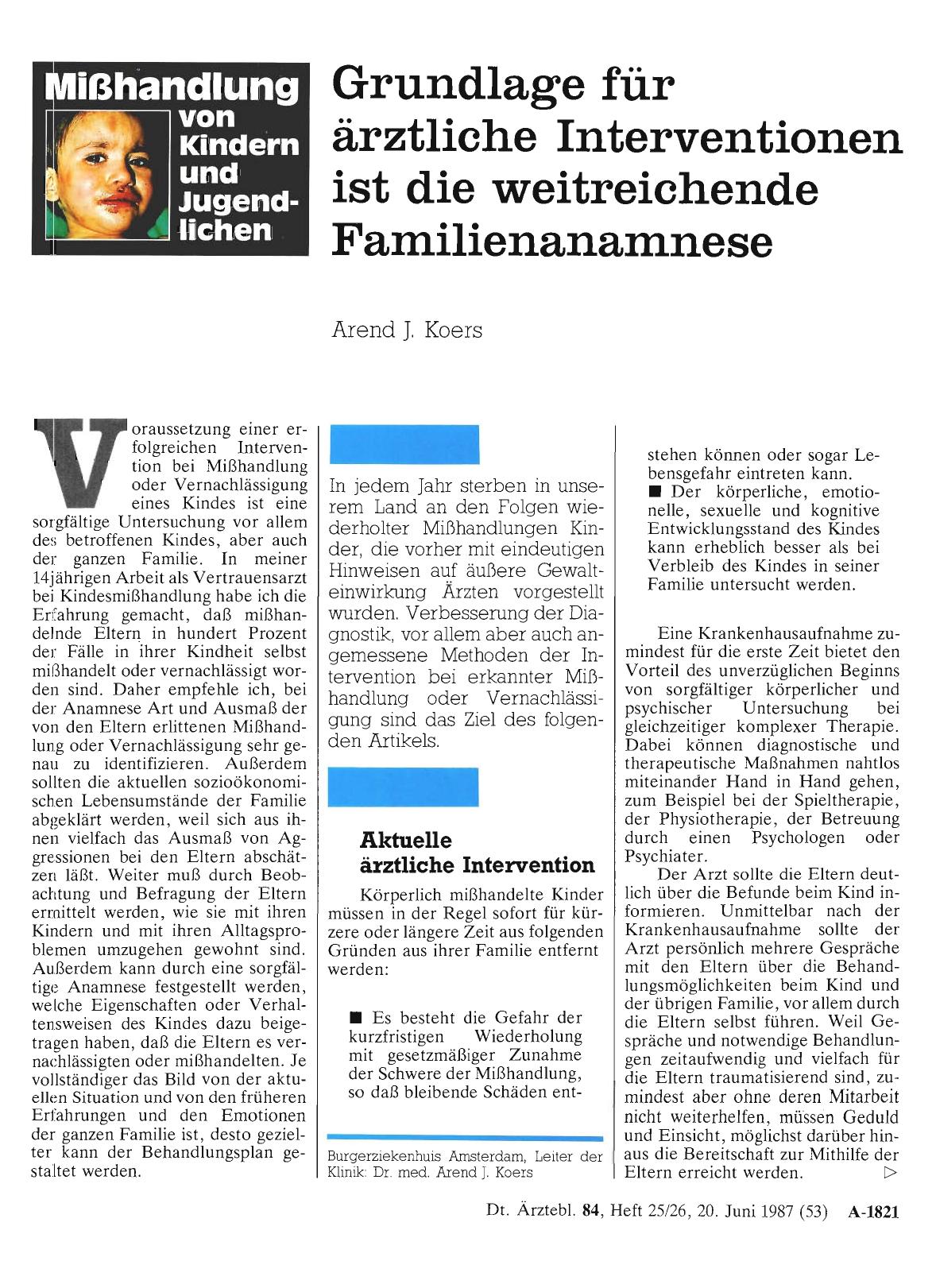 Vorschauseite 1: Mißhandlung von Kindern und Jugendlichen: Grundlage für ärztliche Interventionen ist die weitreichende Familienanamnese