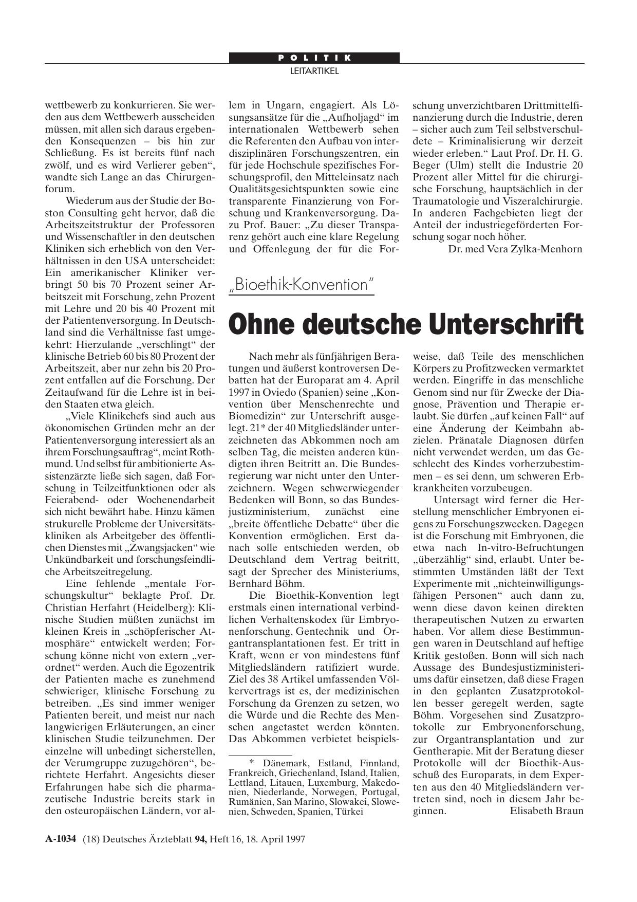 Vorschauseite 1: „Bioethik-Konvention„: Ohne deutsche Unterschrift