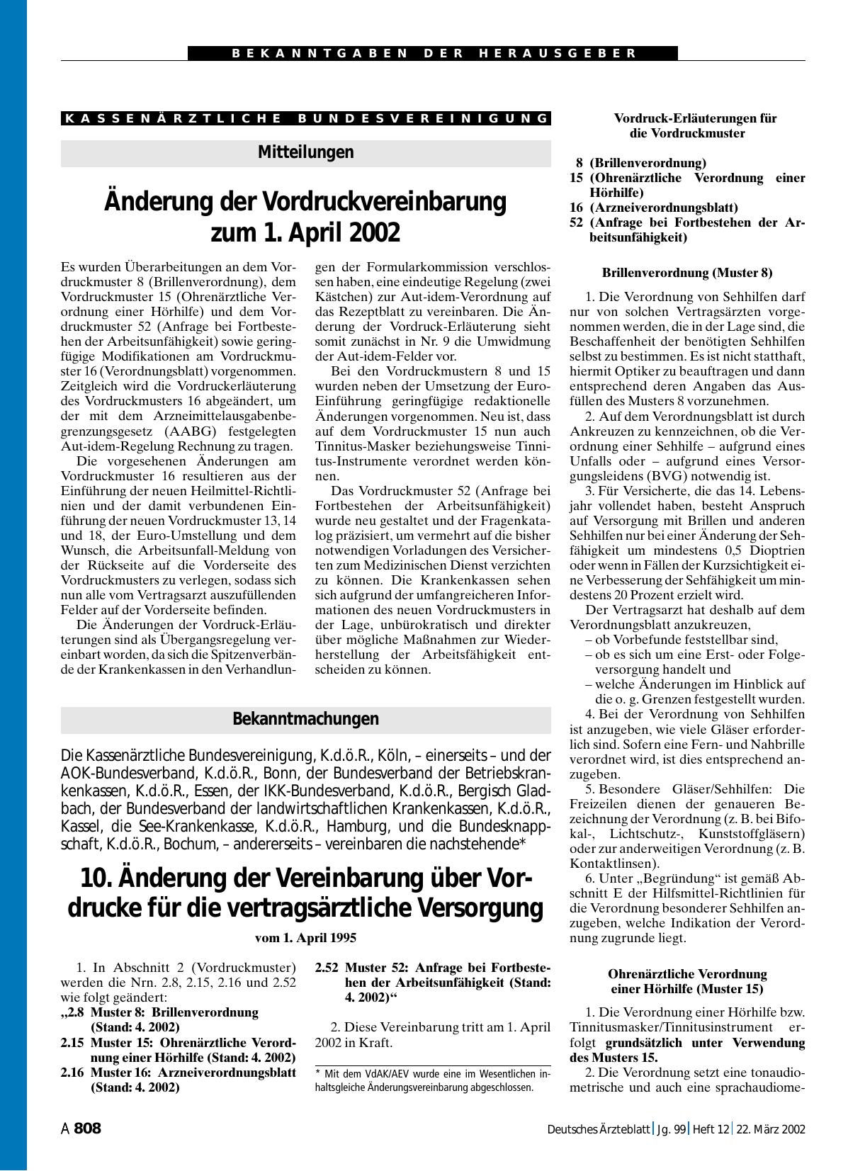 Vorschauseite 1: Mitteilungen: Änderung der Vordruckvereinbarung zum 1. April 2002