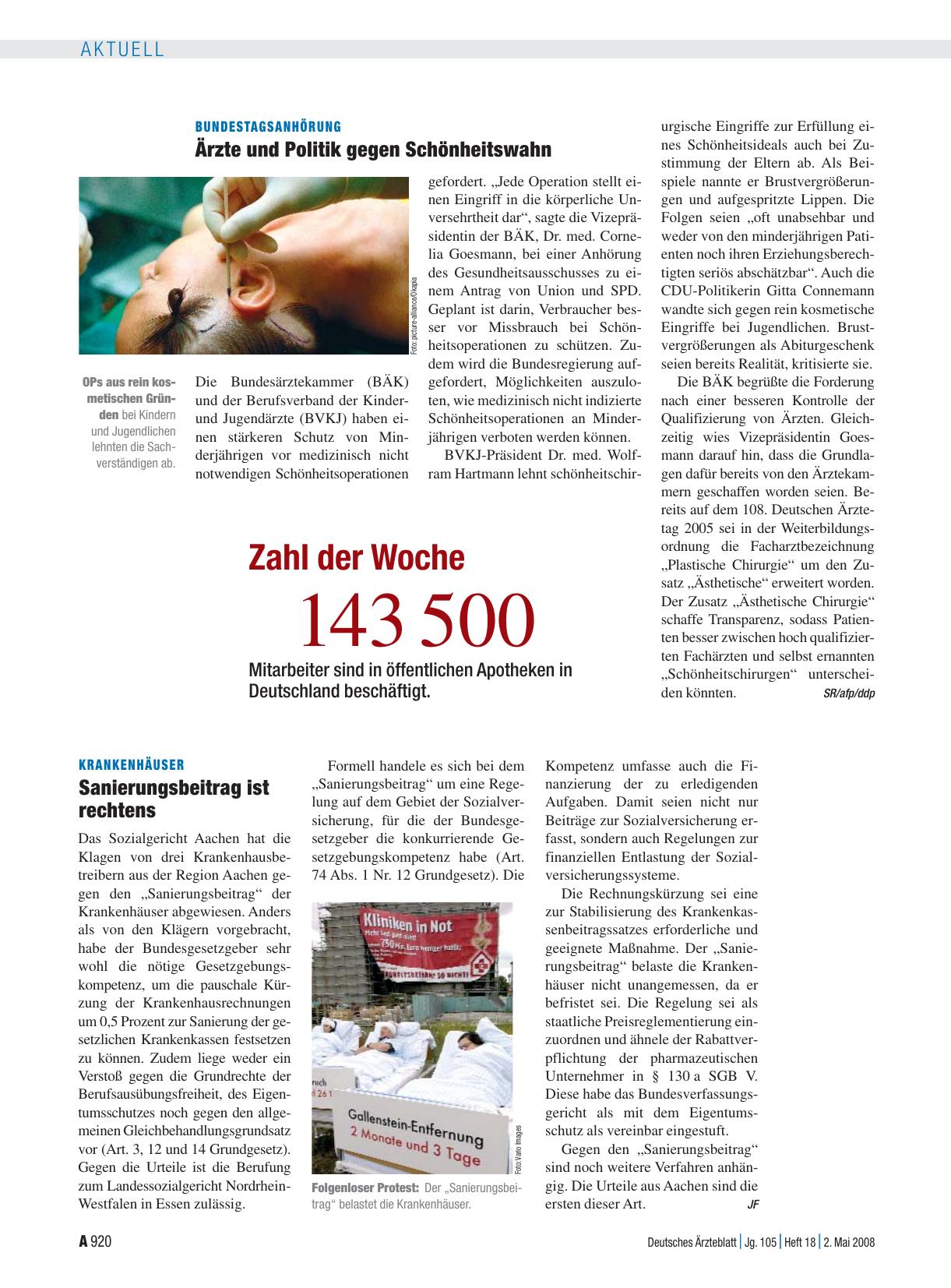 Vorschauseite 1: Bundestagsanhörung: Ärzte und Politik gegen Schönheitswahn