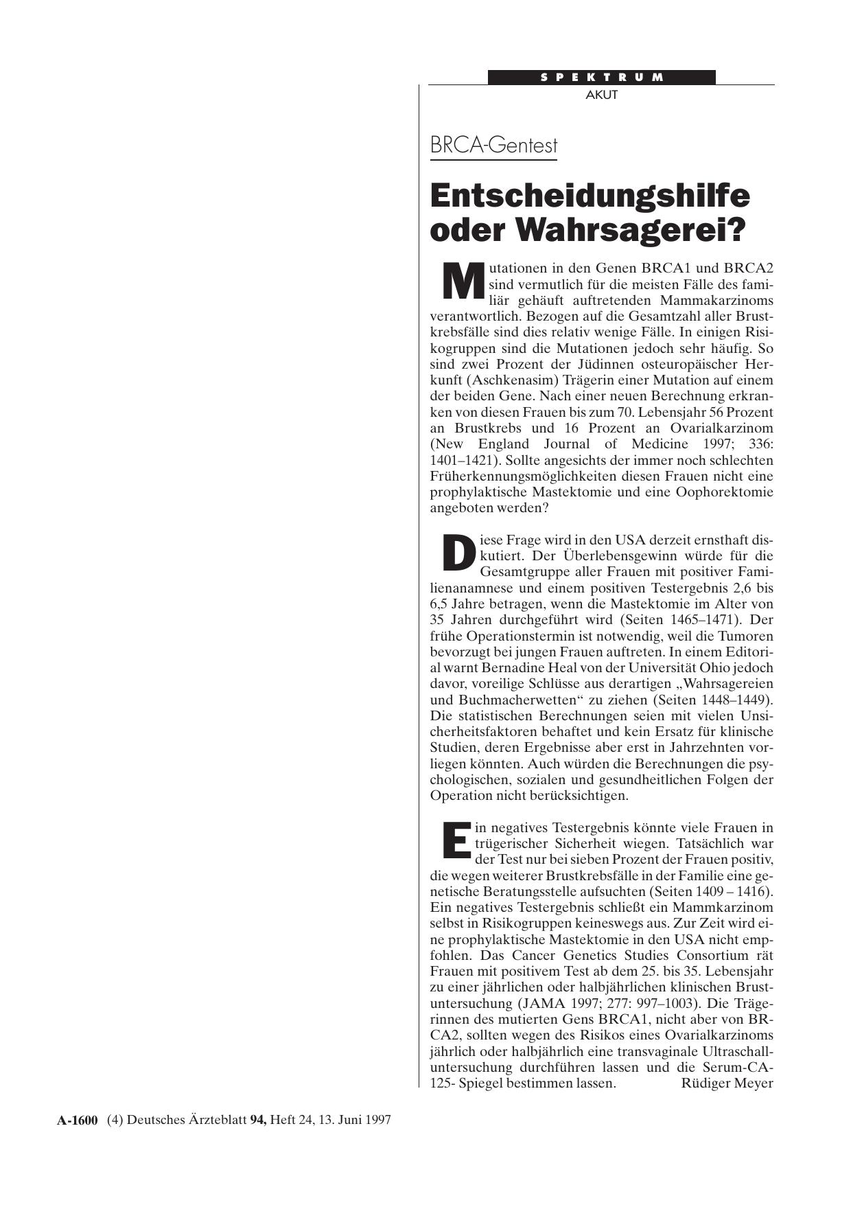 Vorschauseite 1: BRCA-Gentest: Entscheidungshilfe oder Wahrsagerei?
