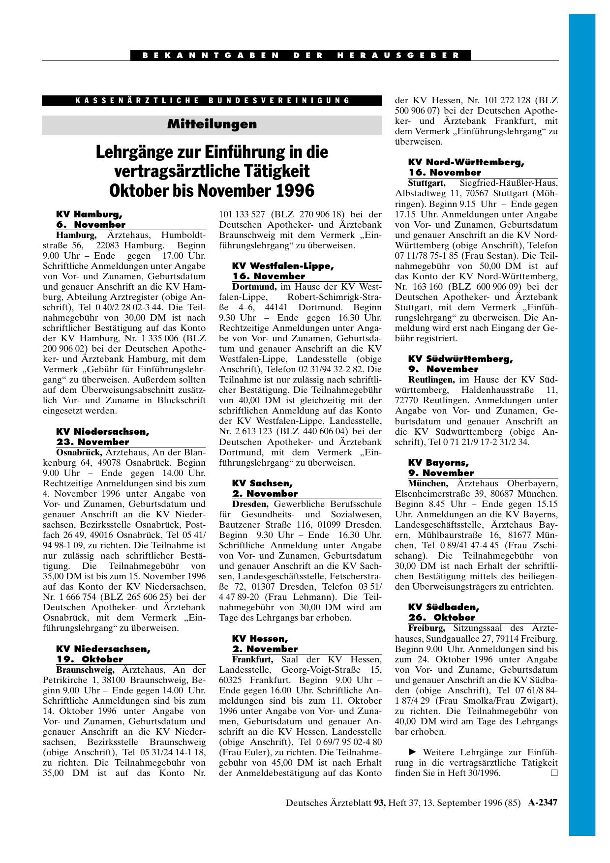 Vorschauseite 1: Lehrgänge zur Einführung in die vertragsärztliche Tätigkeit Oktober bis November 1996