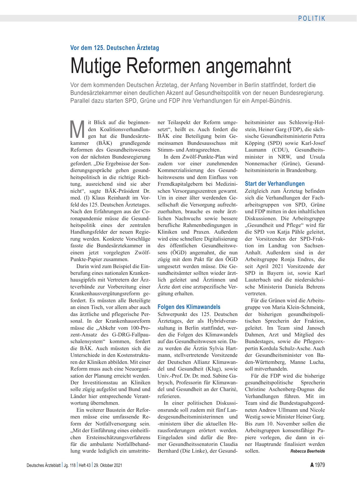 Vorschauseite 1: Vor dem 125. Deutschen Ärztetag: Mutige Reformen angemahnt