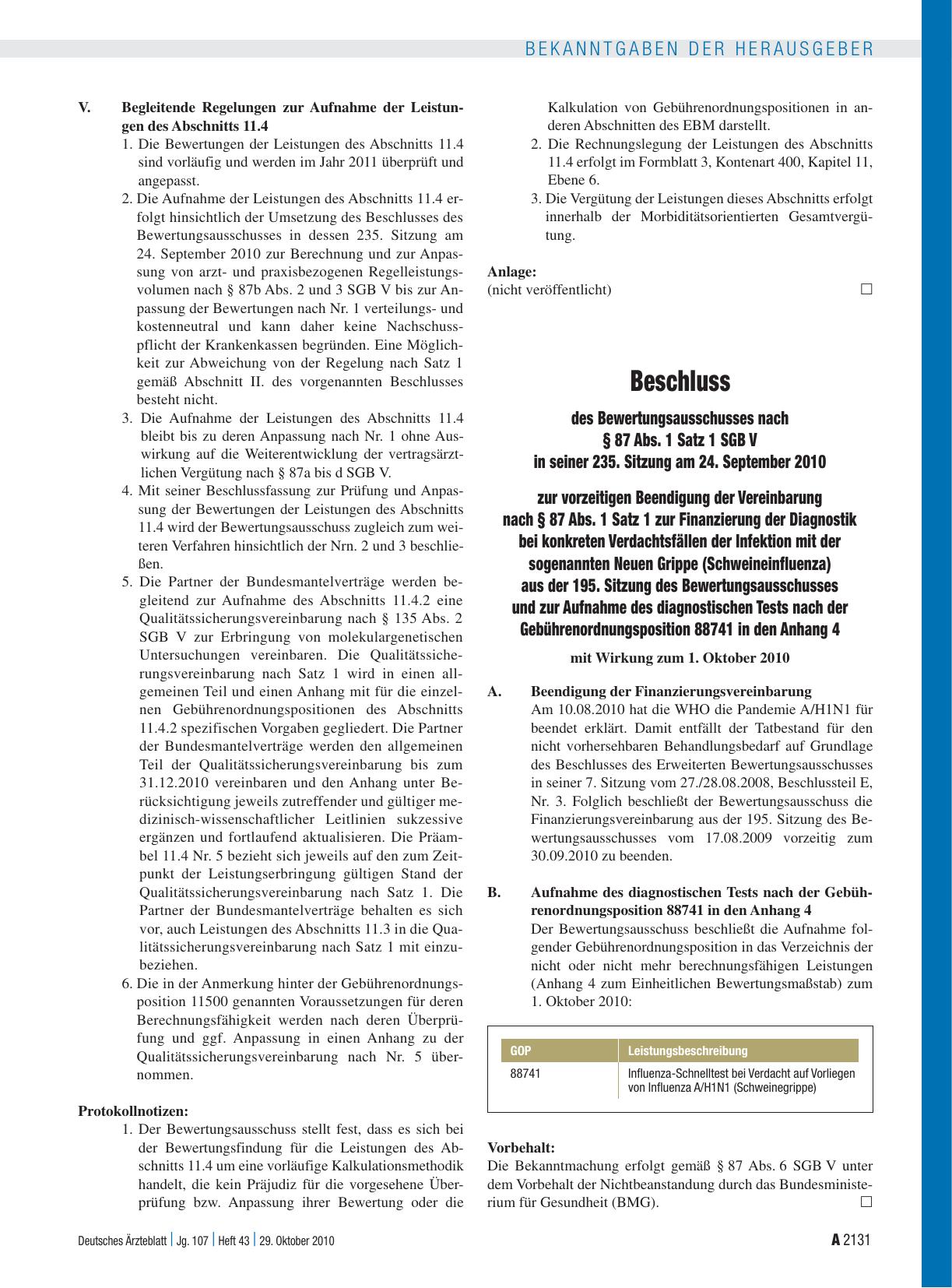 Vorschauseite 1: Beschluss des Bewertungsausschusses nach § 87 Abs. 1 Satz 1 SGB V in seiner 235. Sitzung am 24. September 2010 zur vorzeitigen Beendigung der Vereinbarung nach § 87 Abs. 1 Satz 1…