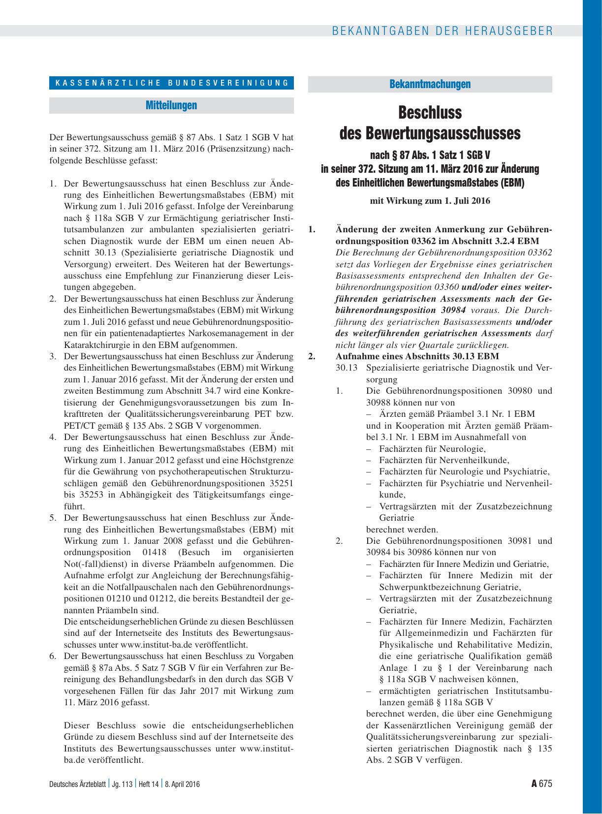 Vorschauseite 1: Beschluss des Bewertungsausschusses nach § 87 Abs. 1 Satz 1 SGB V in seiner 372. Sitzung am 11. März 2016 zur Änderung des Einheitlichen Bewertungsmaßstabes (EBM)
