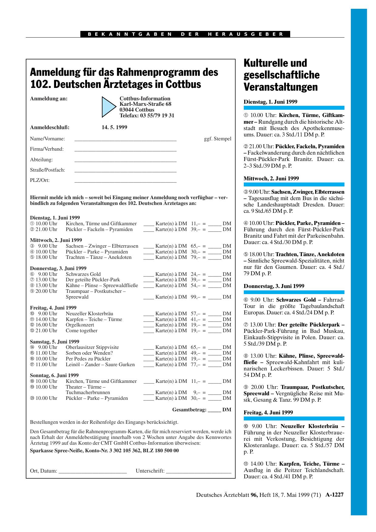 Vorschauseite 1: Anmeldung für das Rahmenprogramm des 102. Deutschen Ärztetages in Cottbus