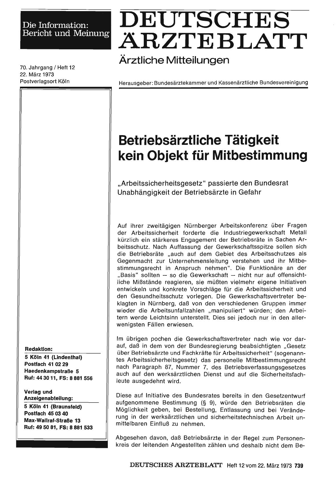 Vorschauseite 1: Betriebsärztliche Tätigkeit kein Objekt für Mitbestimmung: „Arbeitssicherheitsgesetz" passierte den Bundesrat