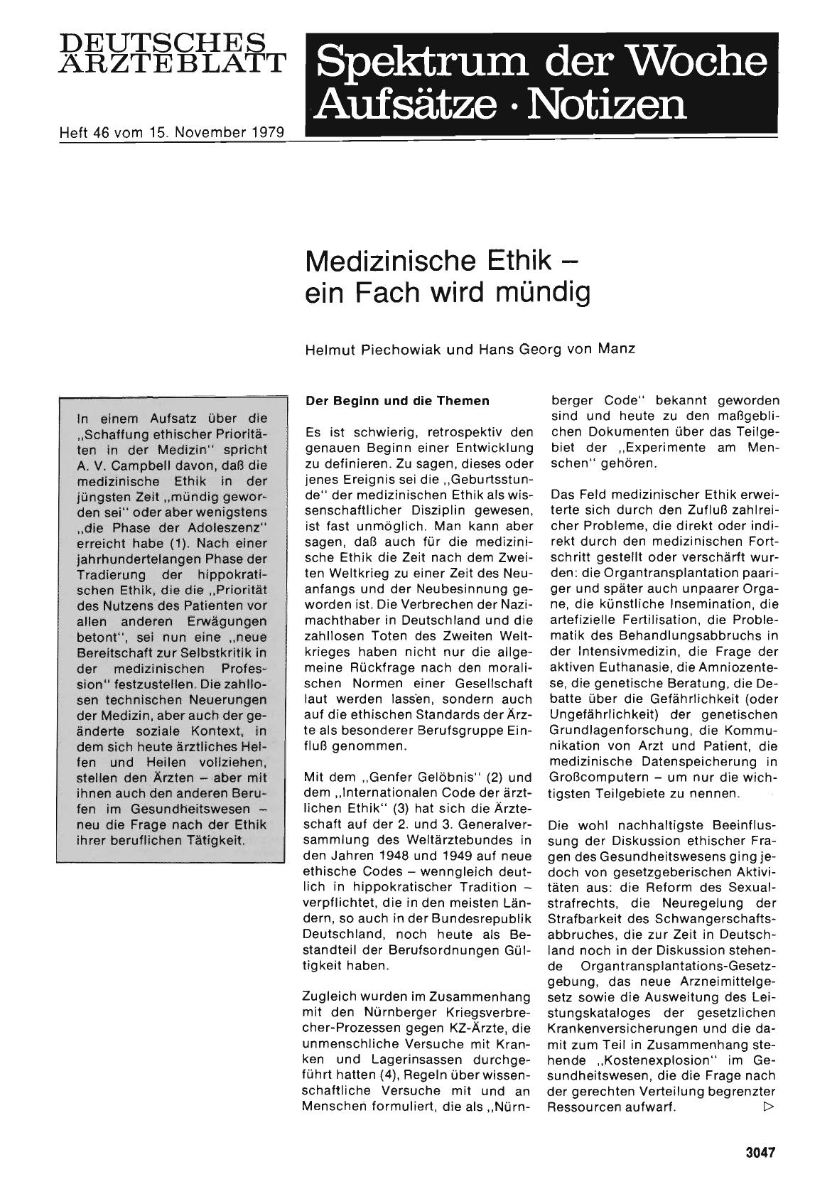 Vorschauseite 1: Medizinische Ethik — ein Fach wird mündig