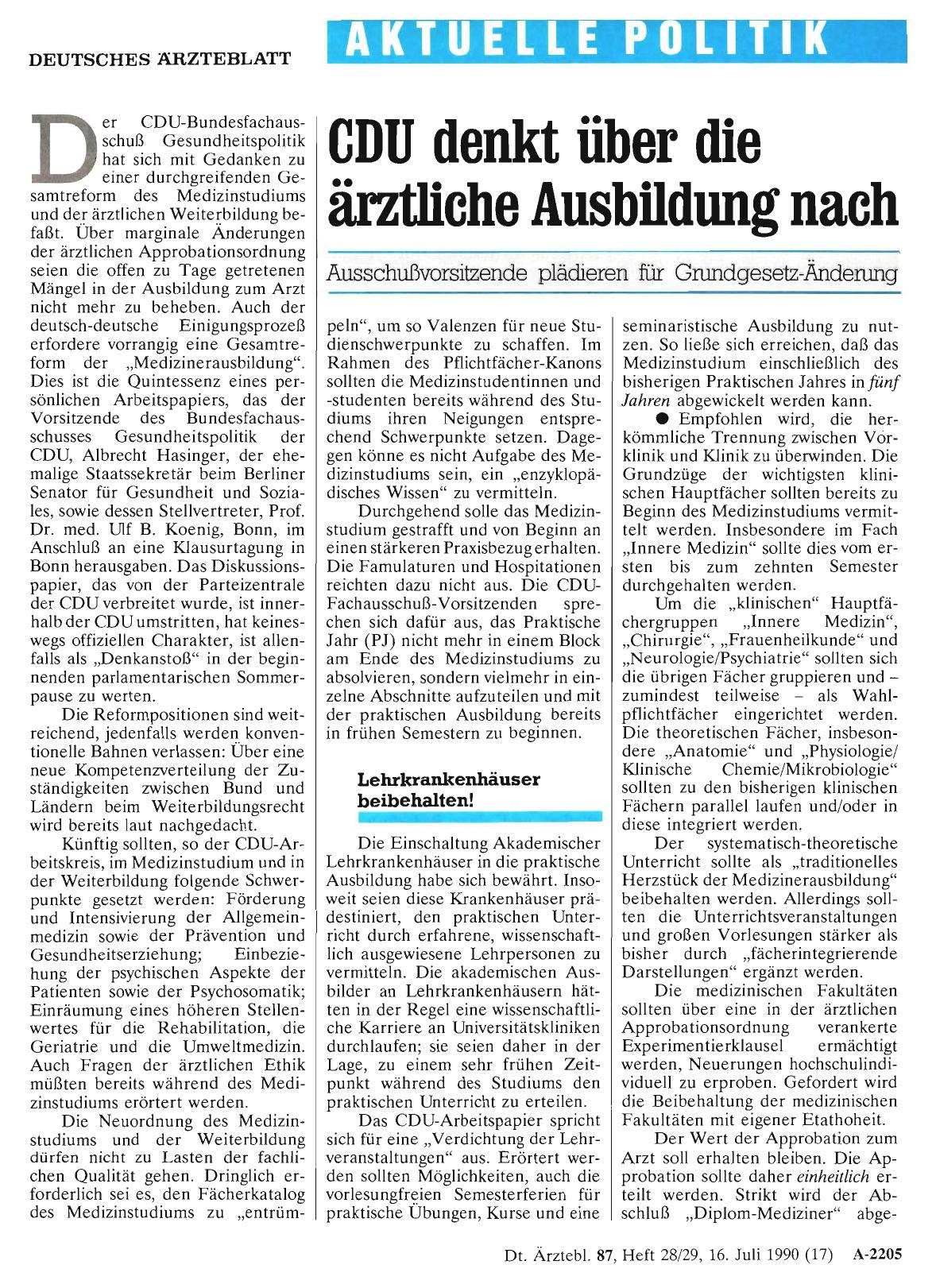 Vorschauseite 1: CDU denkt über die ärztliche Ausbildung nach