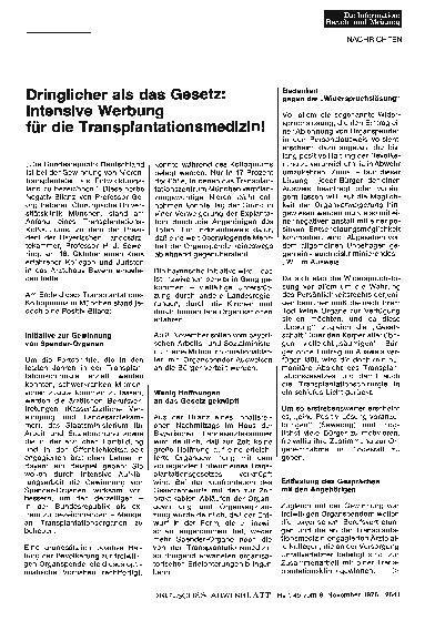 Vorschauseite 1: Dringlicher als das Gesetz: Intensive Werbung für die Transplantationsmedizin!