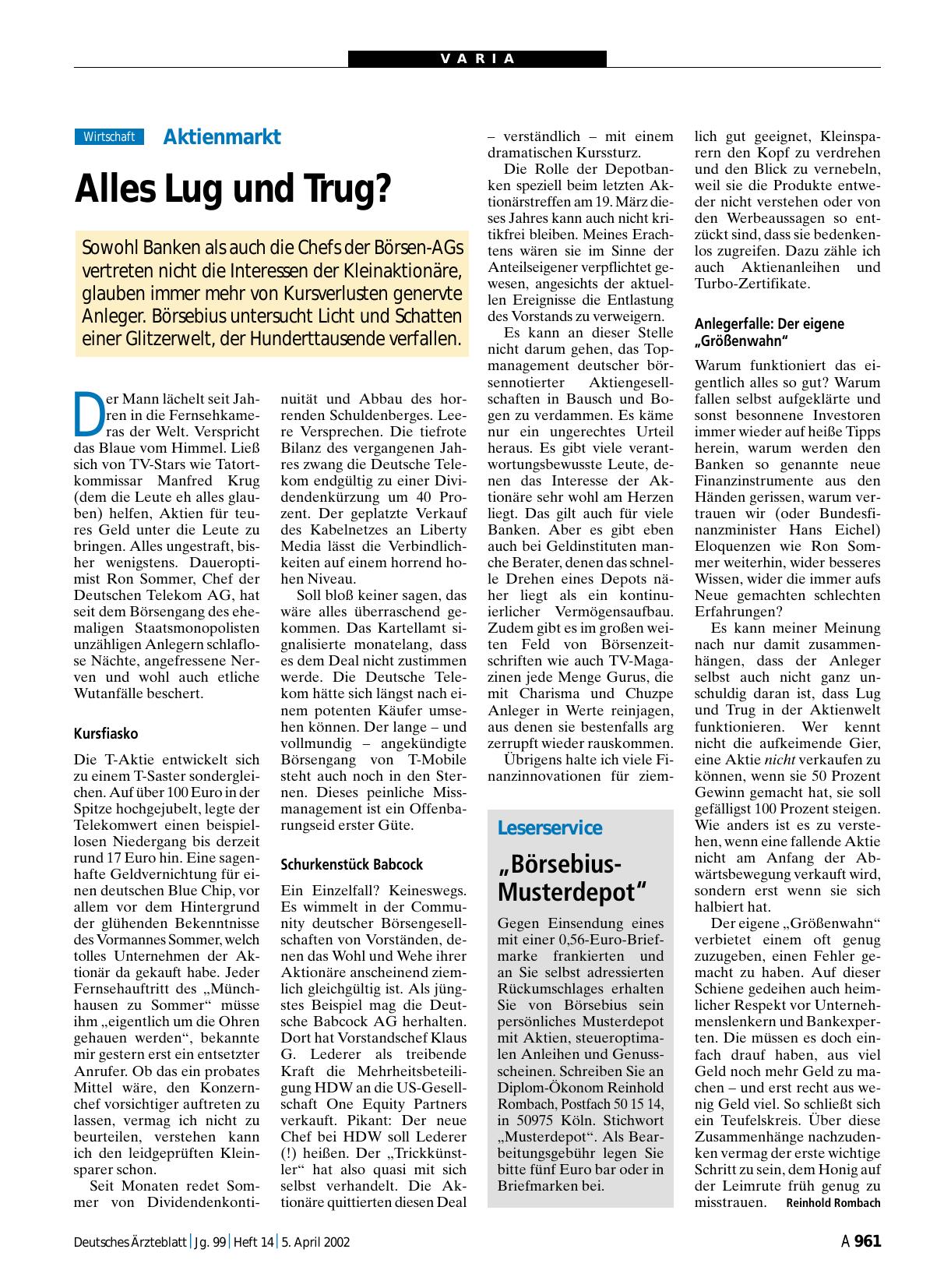 Vorschauseite 1: Leserservice „Börsebius-Musterdepot“