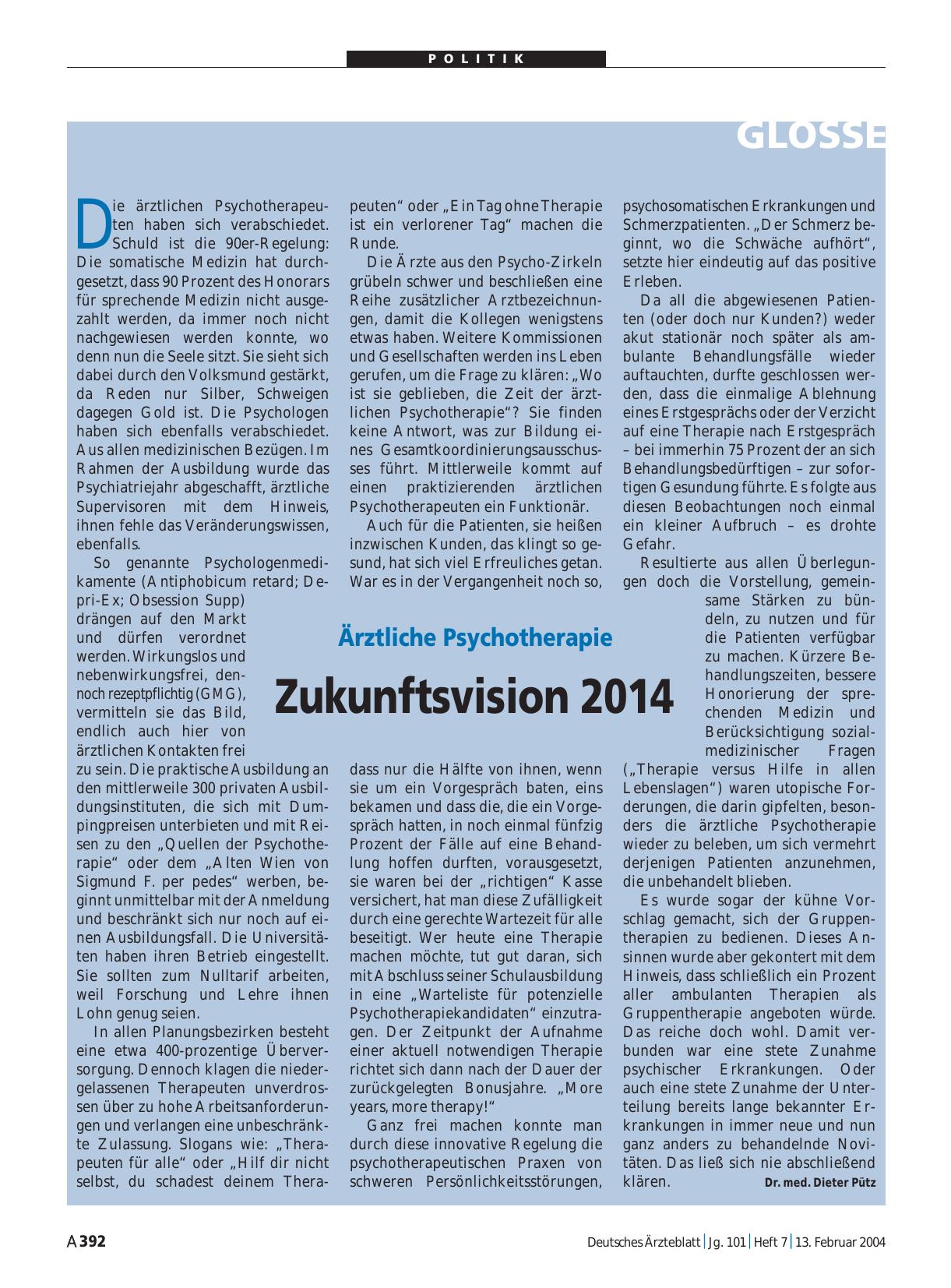 Vorschauseite 1: Ärztliche Psychotherapie: Zukunftsvision 2014