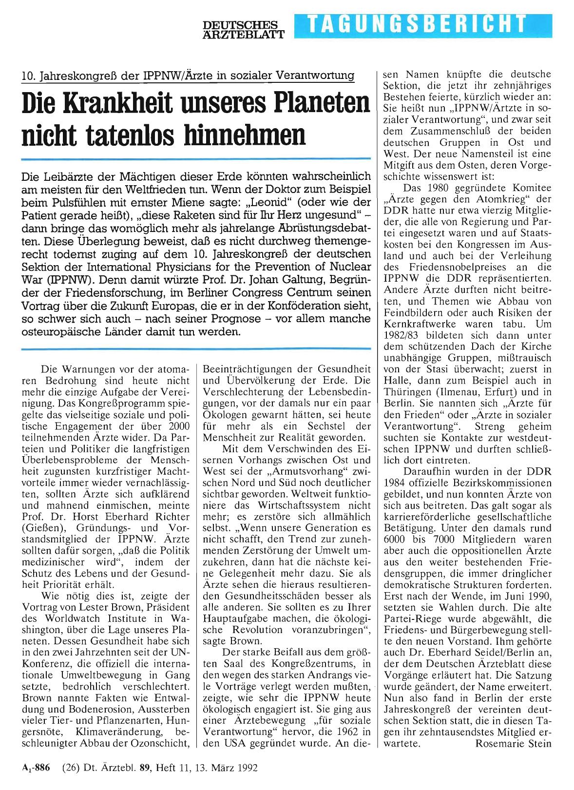 Vorschauseite 1: 10. Jahreskongreß der IPPNW/Ärzte in sozialer Verantwortung: Die Krankheit unseres Planeten nicht tatenlos hinnehmen