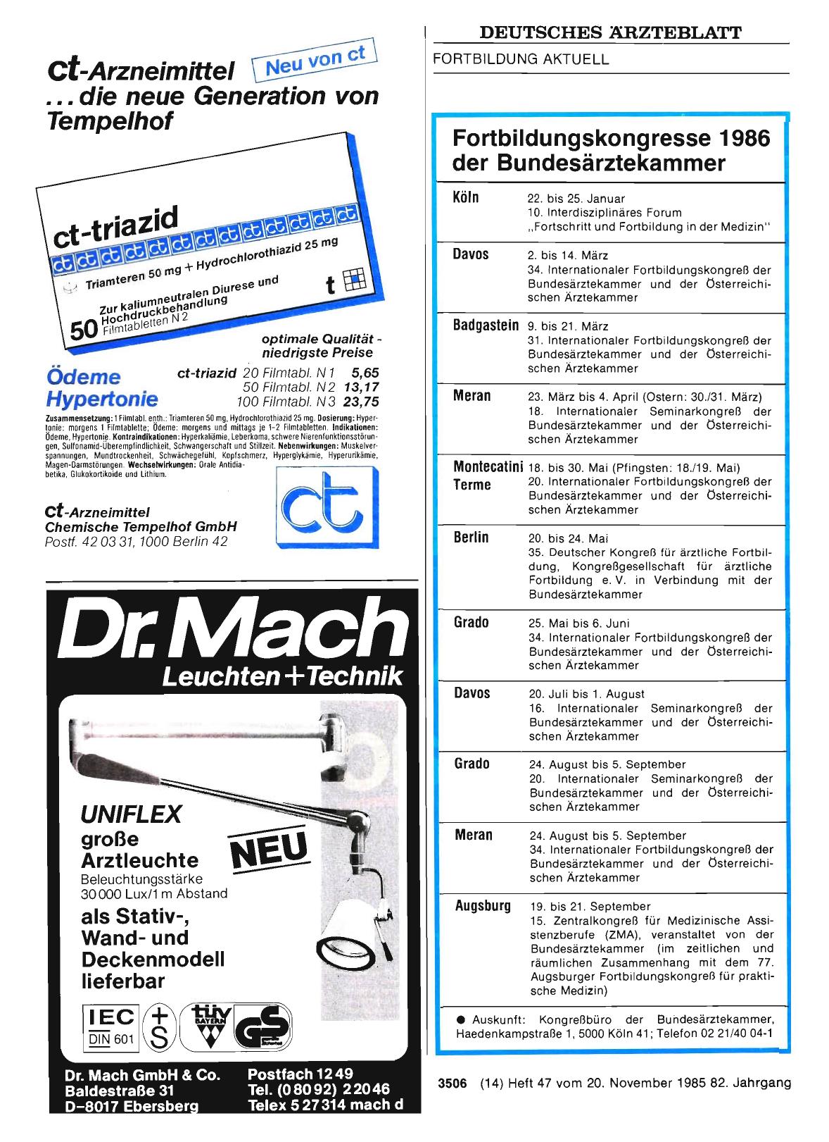 Vorschauseite 1: Fortbildungskongresse 1986 der Bundesärztekammer