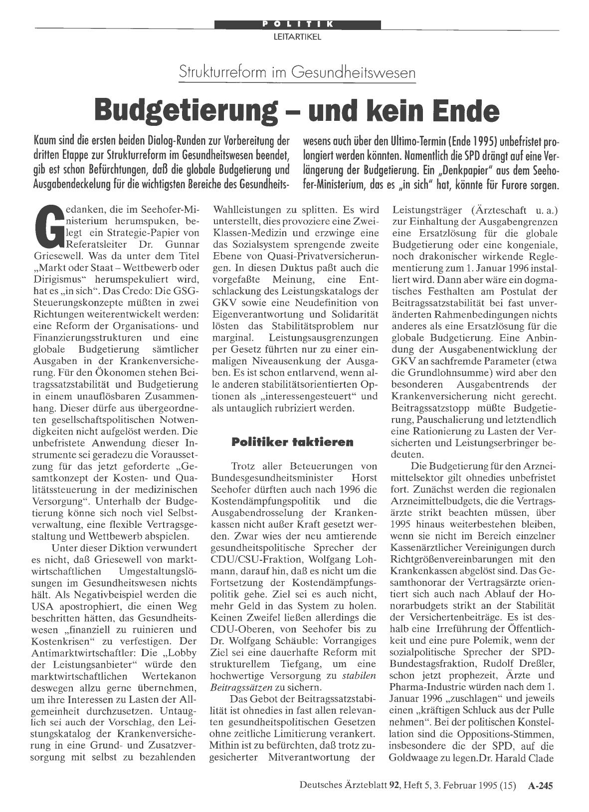 Vorschauseite 1: Strukturreform im Gesundheitswesen: Budgetierung - und kein Ende