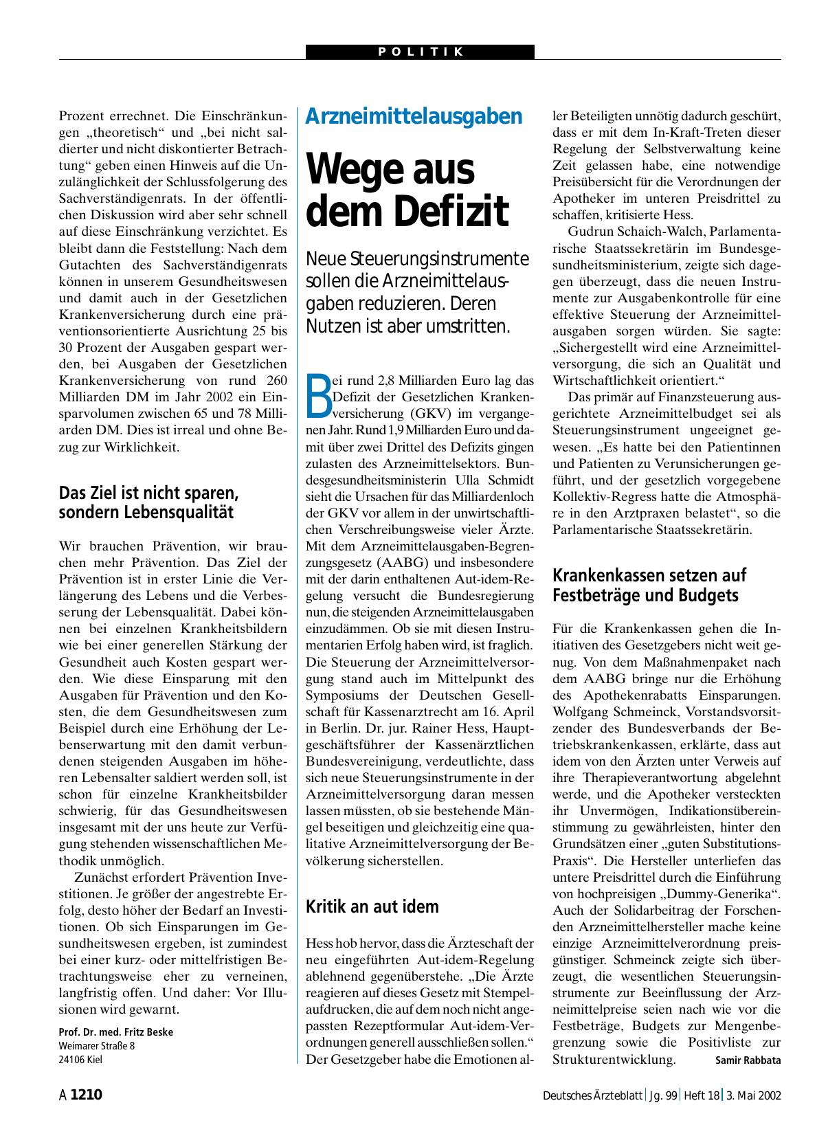 Vorschauseite 1: Arzneimittelausgaben: Wege aus dem Defizit