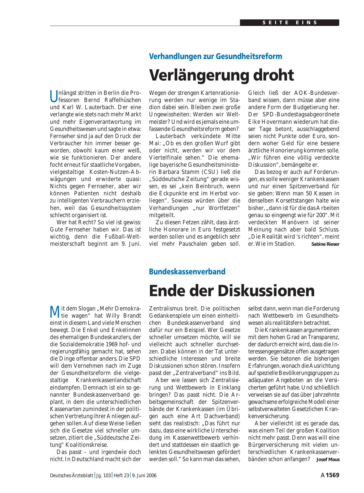 Vorschauseite 1: Bundeskassenverband: Ende der Diskussionen