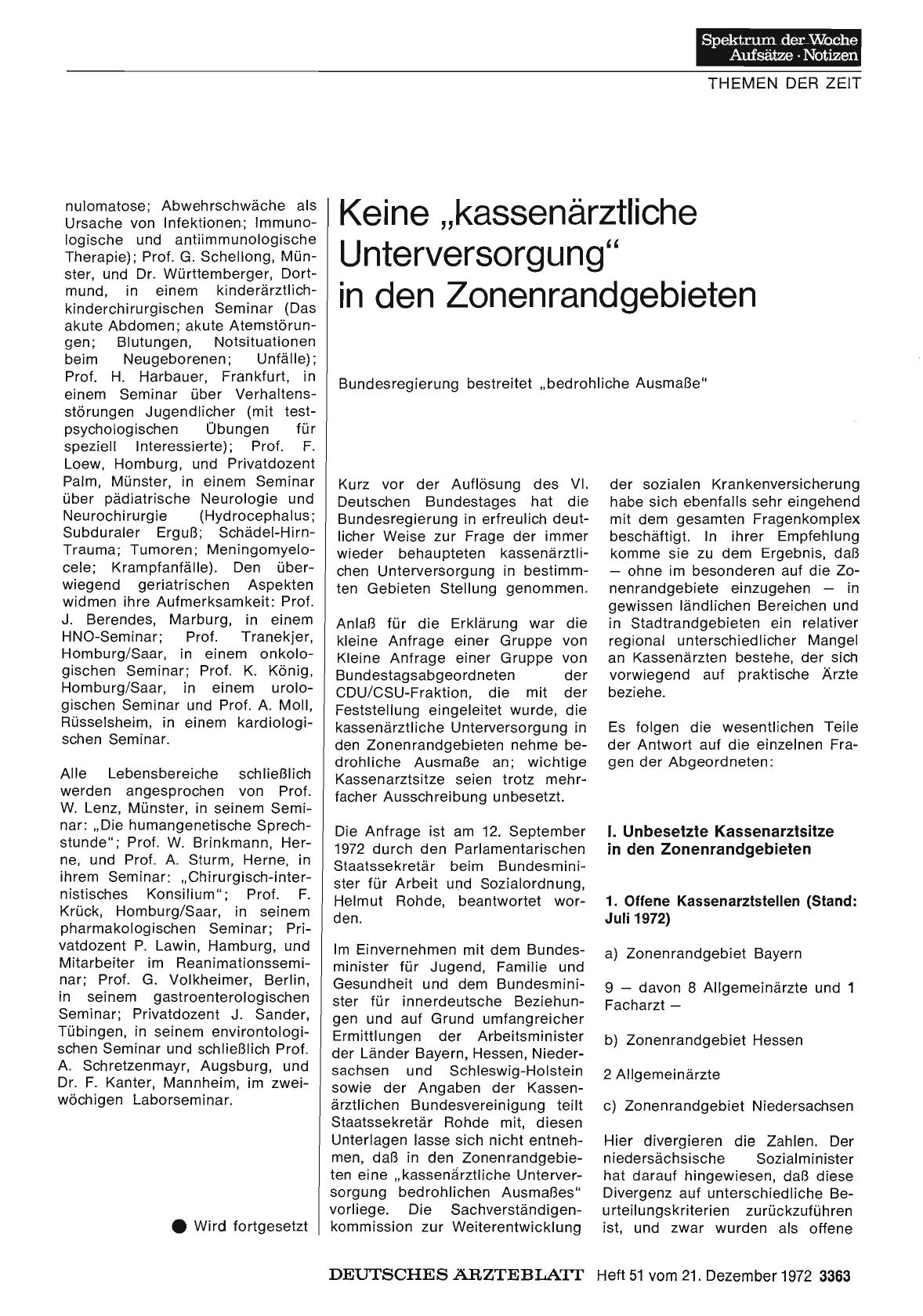 Vorschauseite 1: Keine „kassenärztliche Unterversorgung" in den Zonenrandgebieten