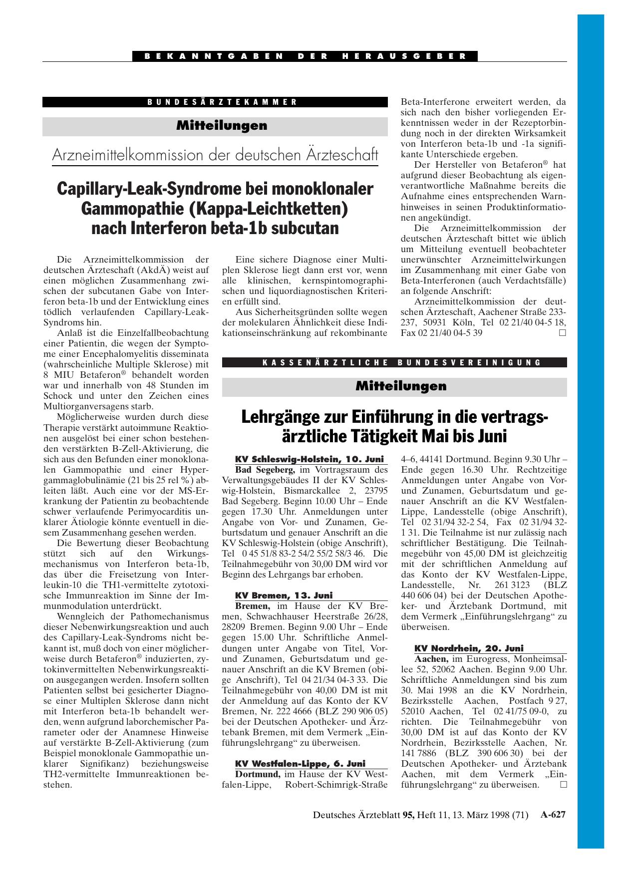Vorschauseite 1: Arzneimittelkommission der deutschen Ärzteschaft: Capillary-Leak-Syndrome bei monoklonaler Gammopathie (Kappa-Leichtketten) nach Interferon beta-1b subcutan