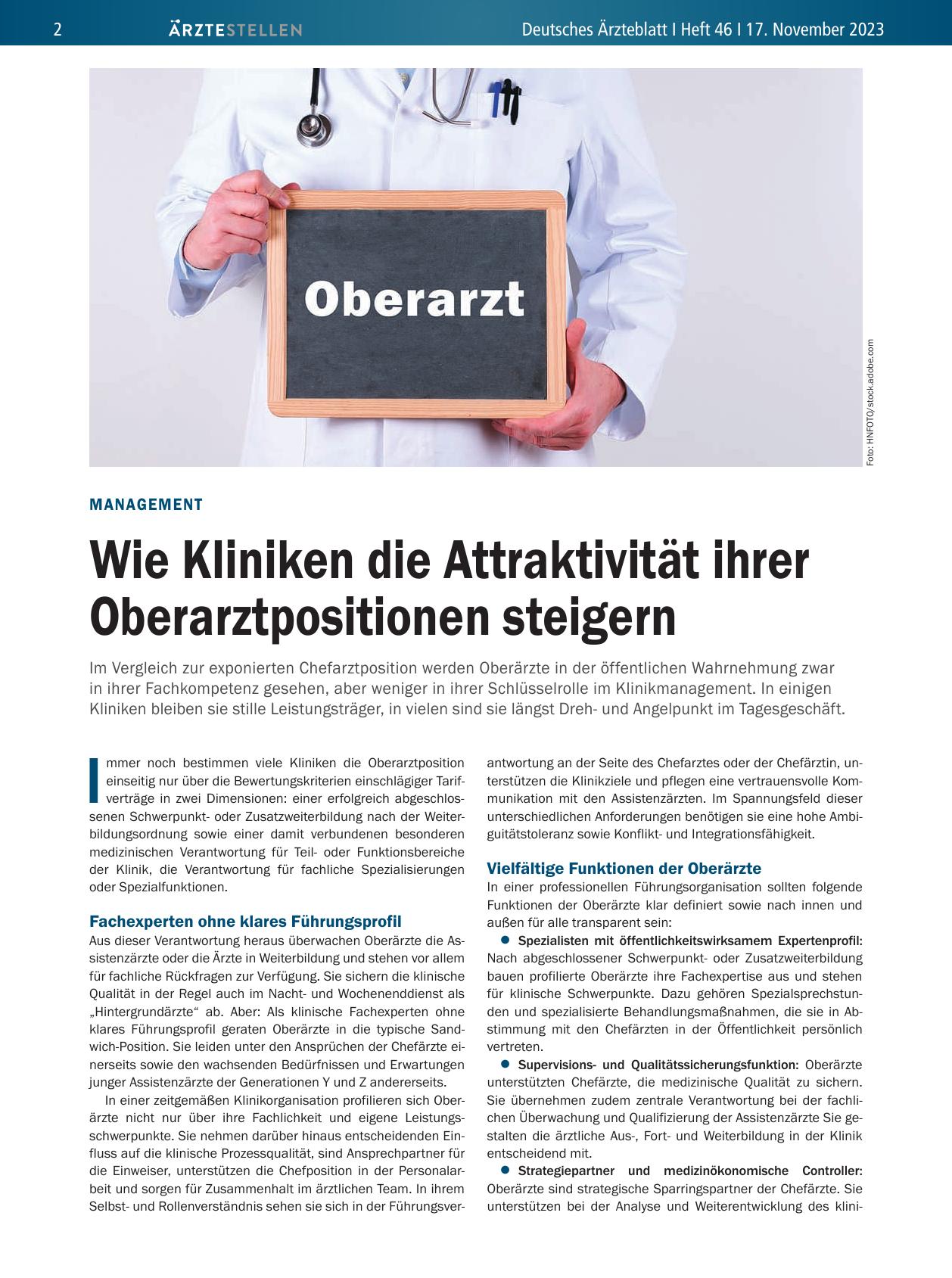 Vorschauseite 1: Management: Wie Kliniken die Attraktivität ihrer Oberarztpositionen steigern