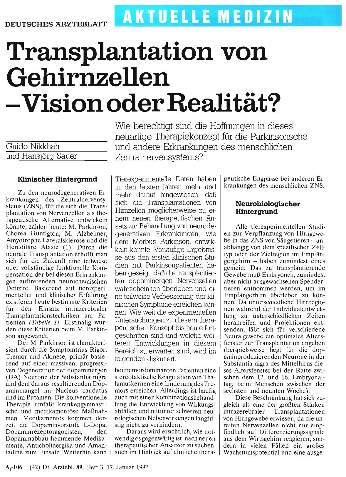 Vorschauseite 1: Transplantation von Gehirnzellen - Vision oder Realität?