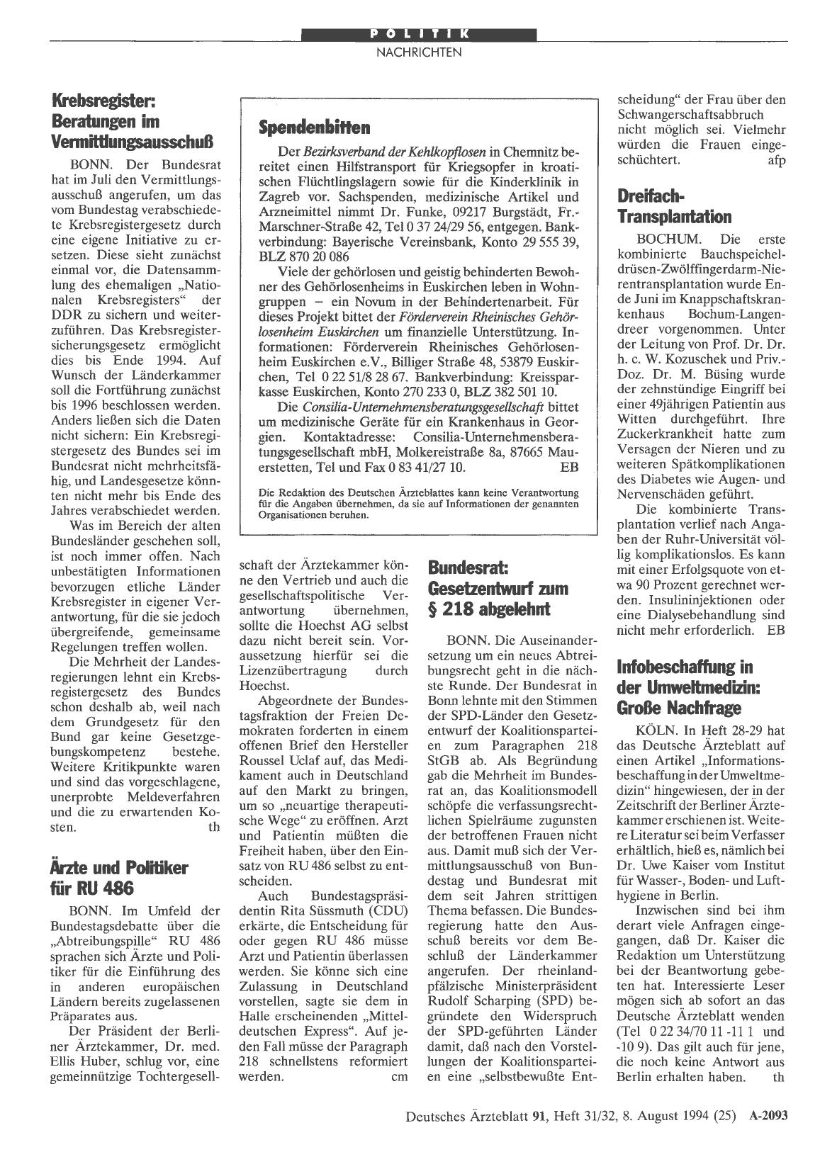 Vorschauseite 1: Bundesrat: Gesetzentwurf zum § 218 abgelehnt