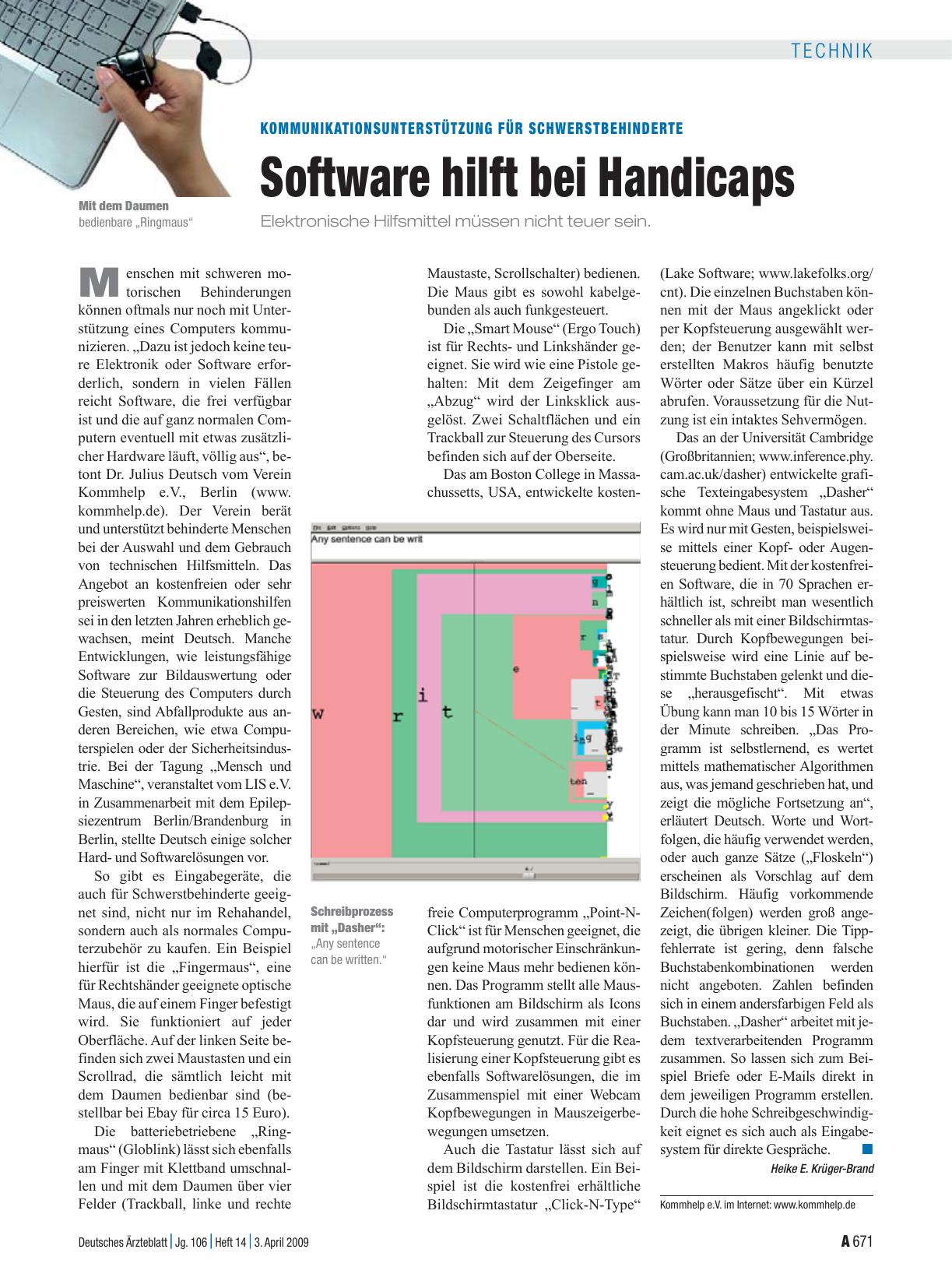 Vorschauseite 1: Kommunikationsunterstützung für Schwerstbehinderte: Software hilft bei Handicaps