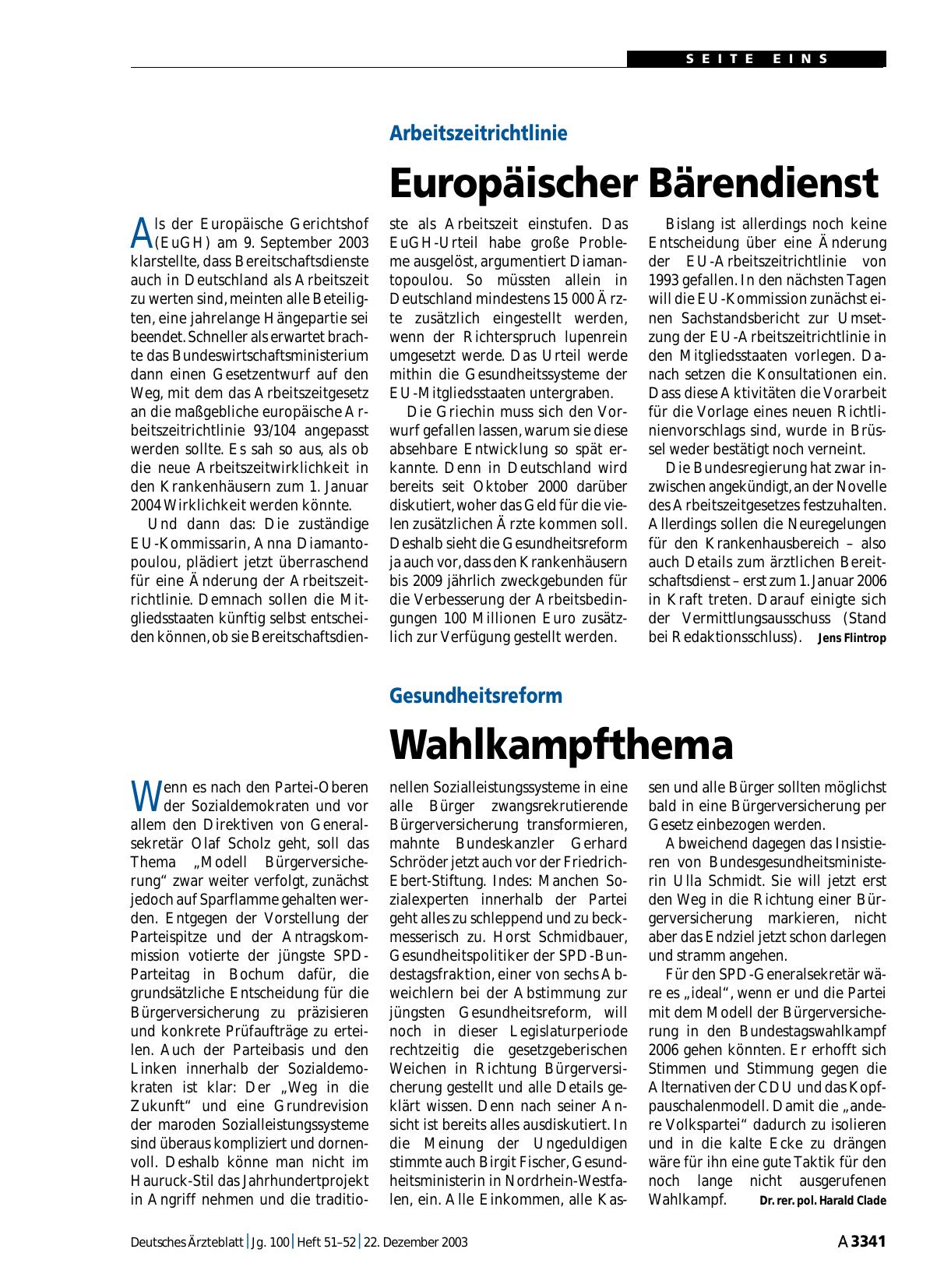Vorschauseite 1: Gesundheitsreform: Wahlkampfthema
