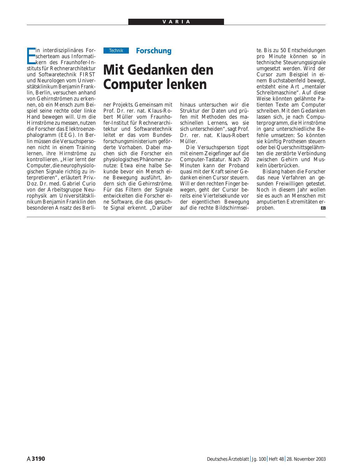 Vorschauseite 1: Forschung: Mit Gedanken den Computer lenken