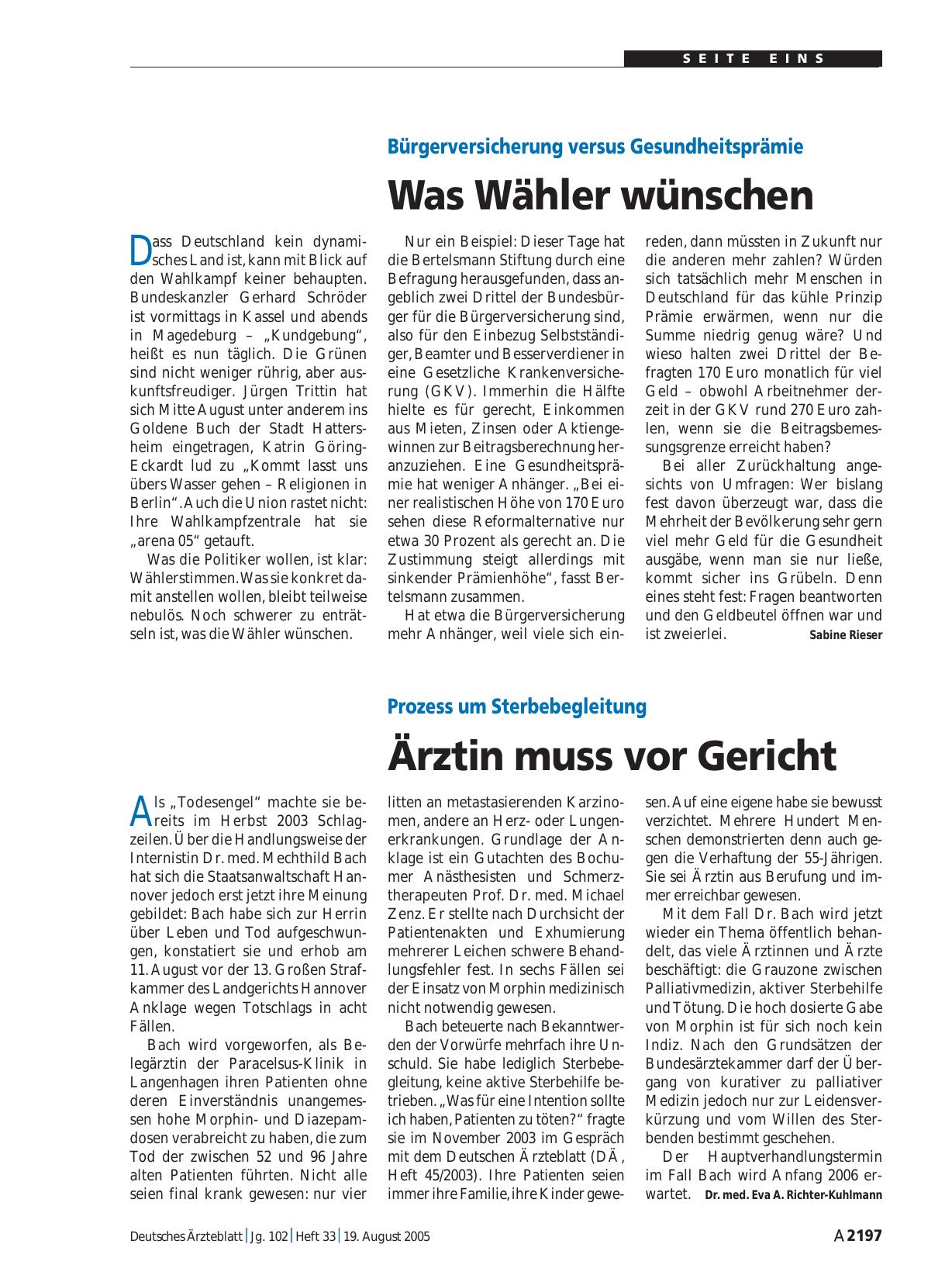 Vorschauseite 1: Bürgerversicherung versus Gesundheitsprämie: Was Wähler wünschen