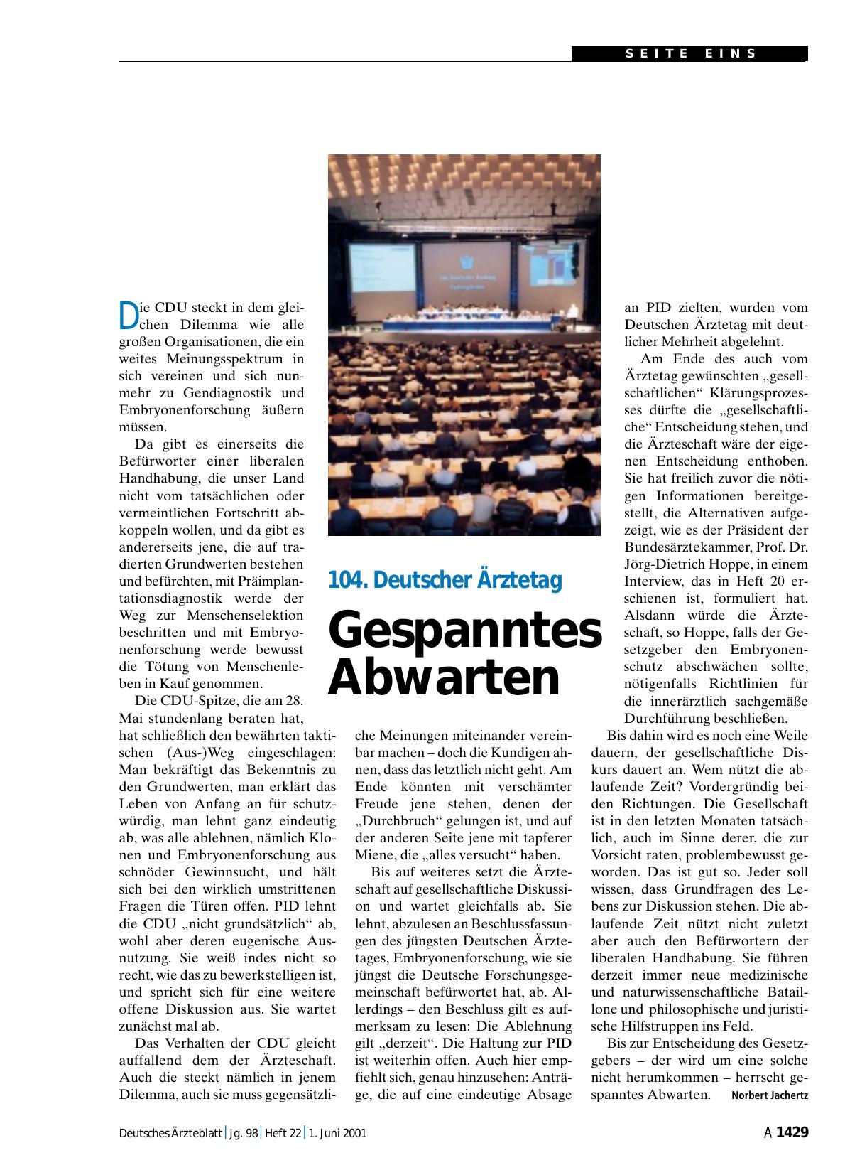 Vorschauseite 1: 104. Deutscher Ärztetag: Gespanntes Abwarten