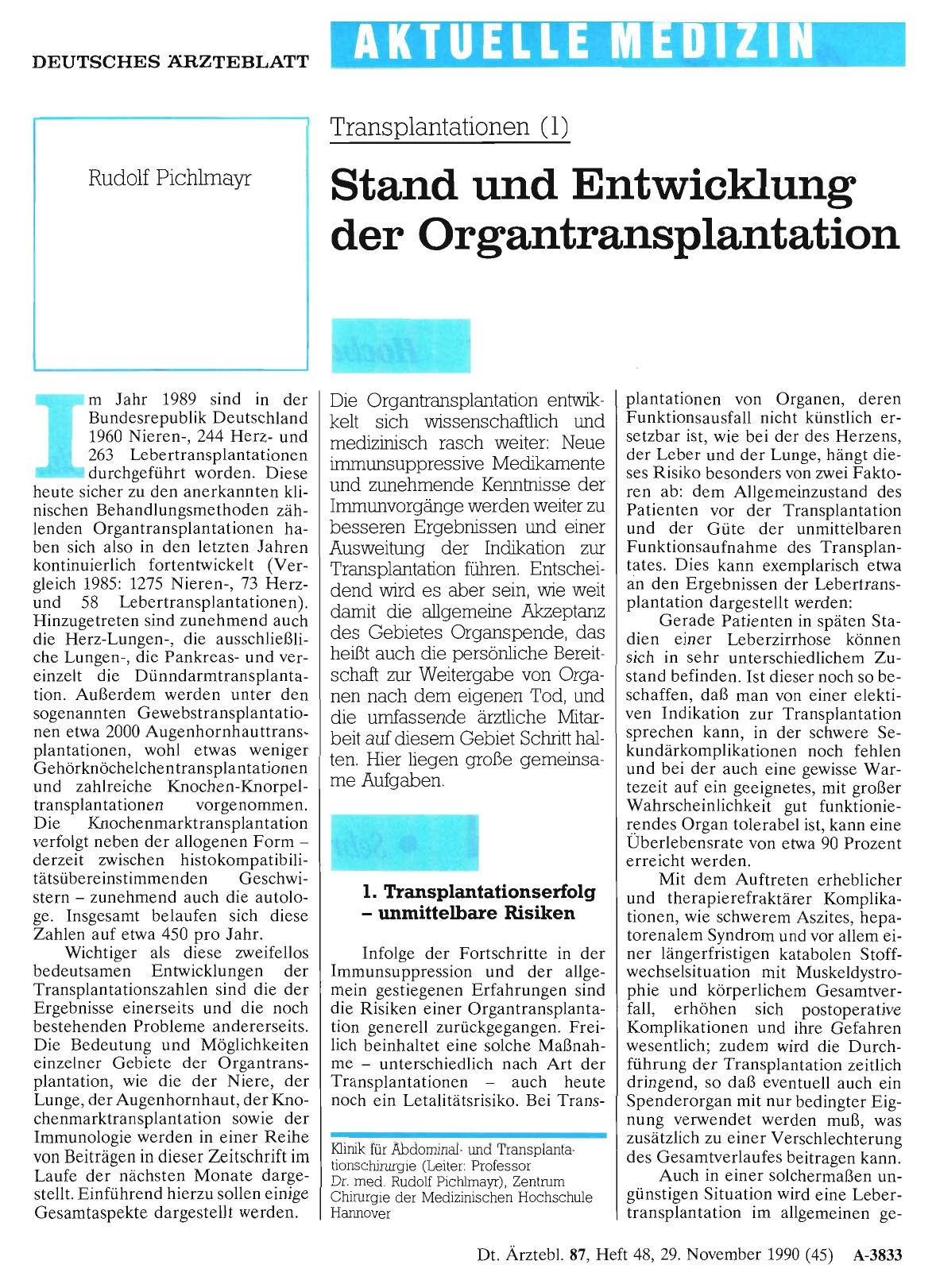 Vorschauseite 1: Transplantationen (1): Stand und Entwicklung der Organtransplantation