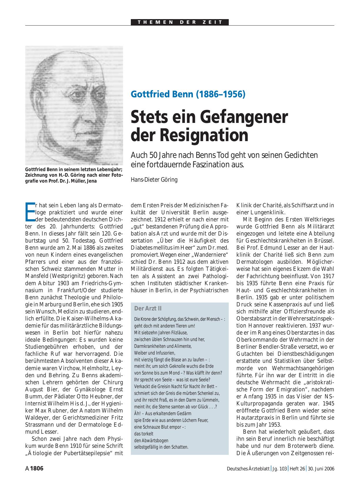 Vorschauseite 1: Gottfried Benn (1886 – 1956): Stets ein Gefangener der Resignation